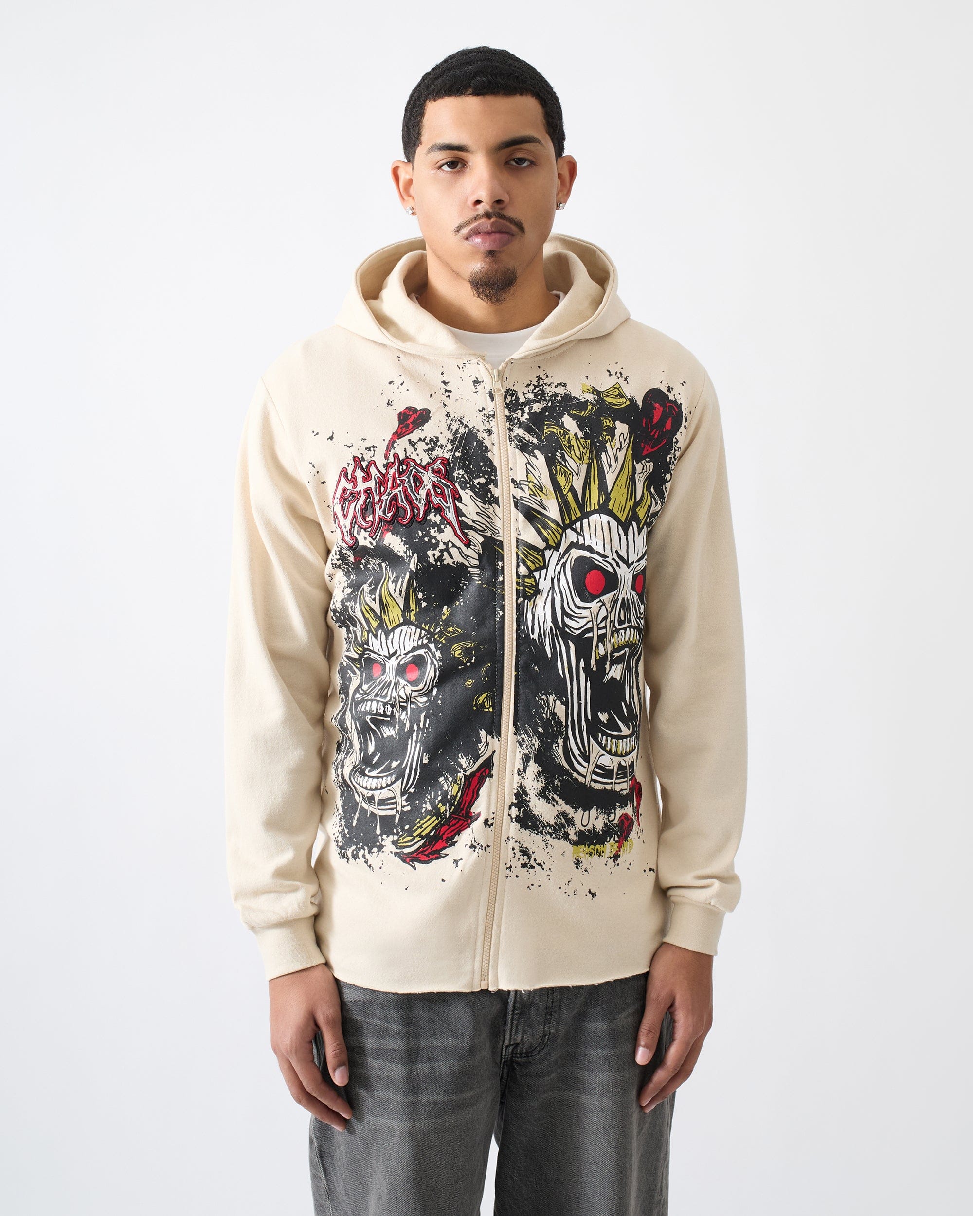 Beware Embroidered Skull Hoodie - Khaki - Image 2