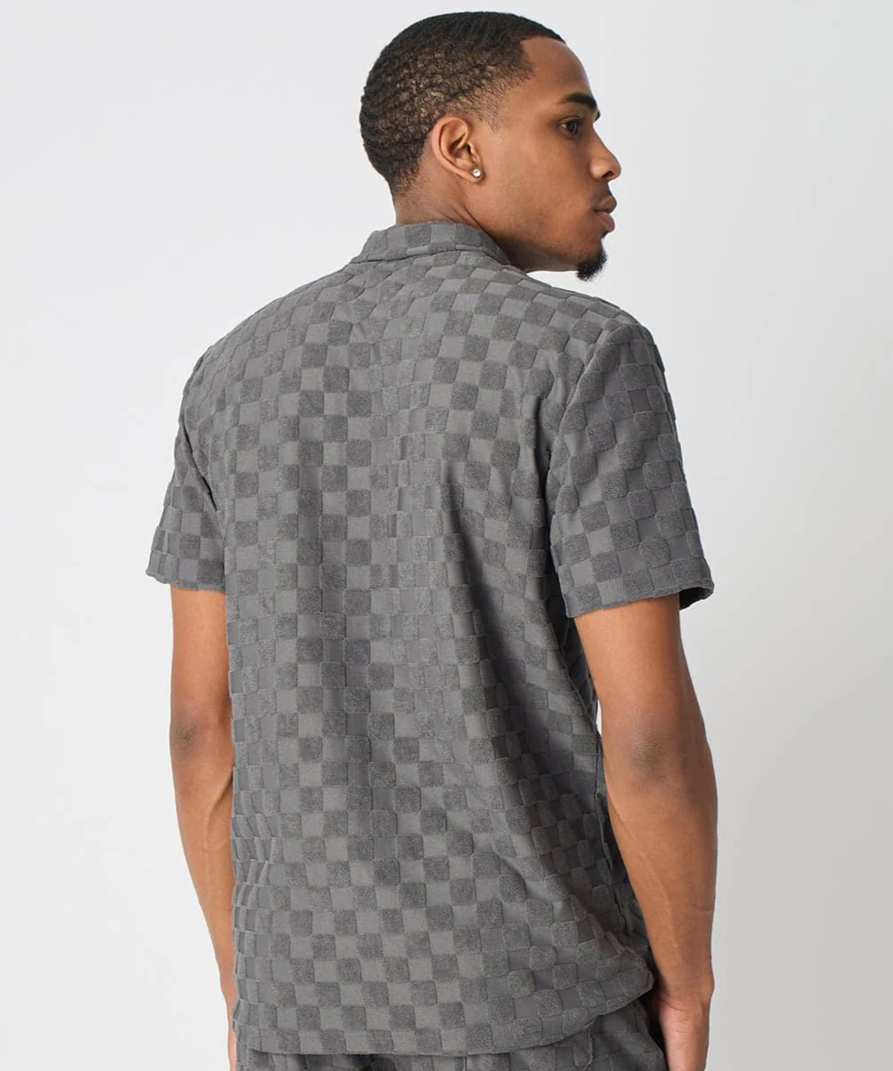 Checkerboard Towel Color Blocked Short Sleeve Button Down Shirt - Grey - Image 3