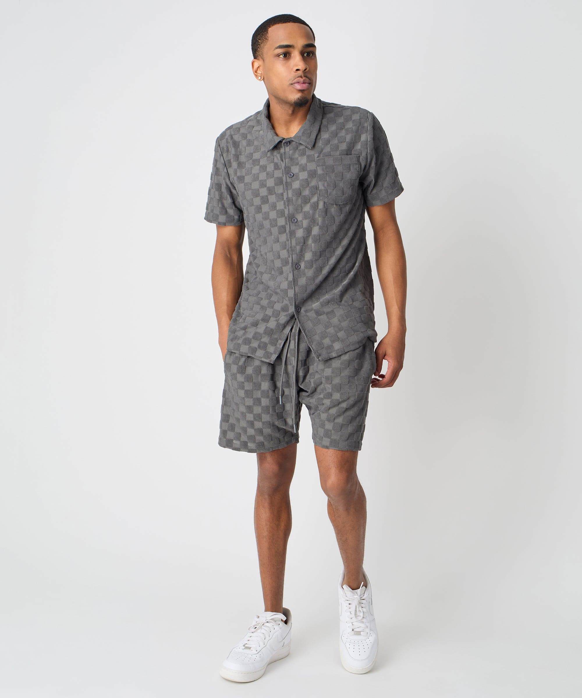 Checkerboard Towel Color Blocked Short Sleeve Button Down Shirt - Grey - Image 5