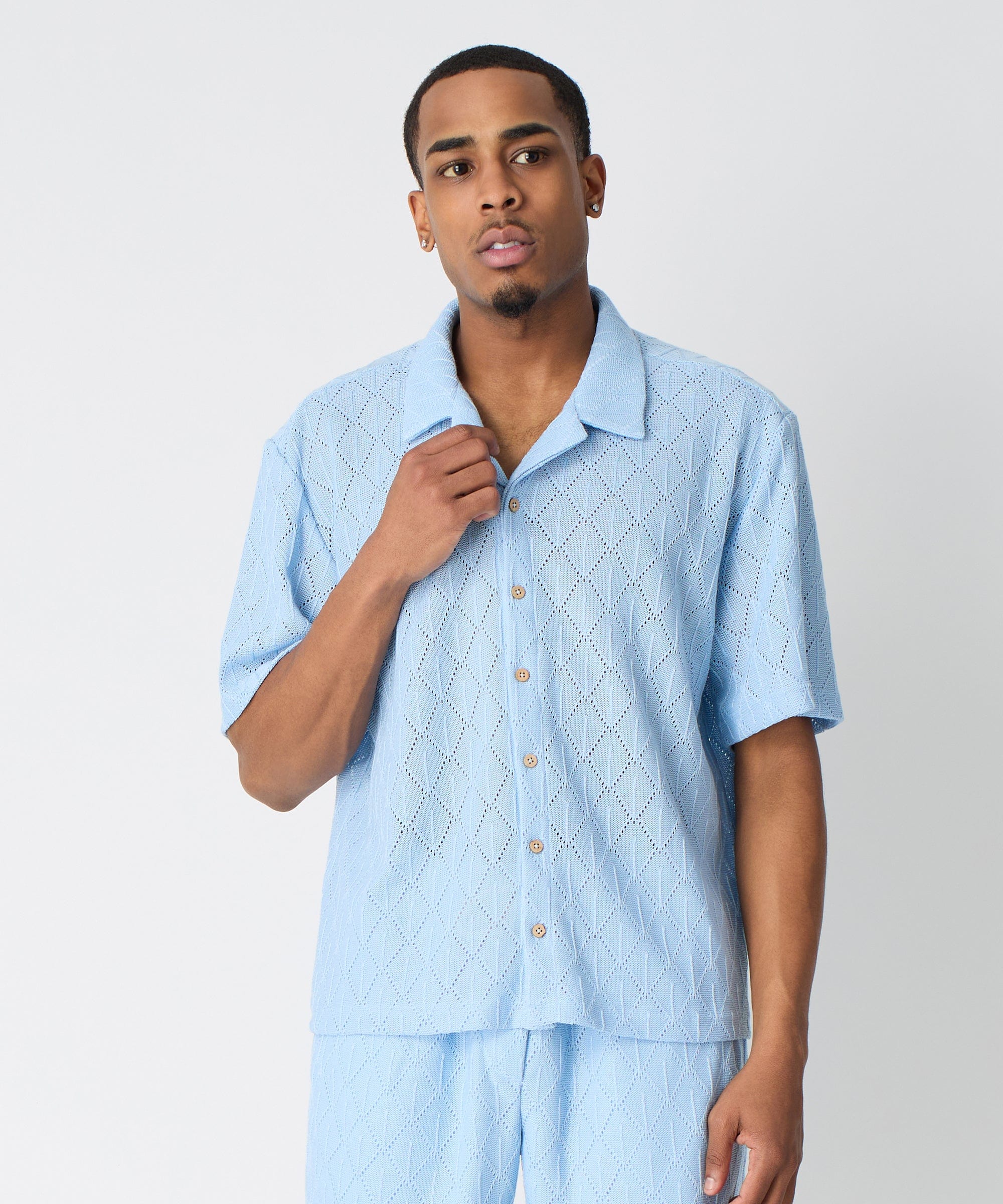 Diamond Plate Towel Color Blocked Short Sleeve Button Down Shirt - Light Blue - Image 10