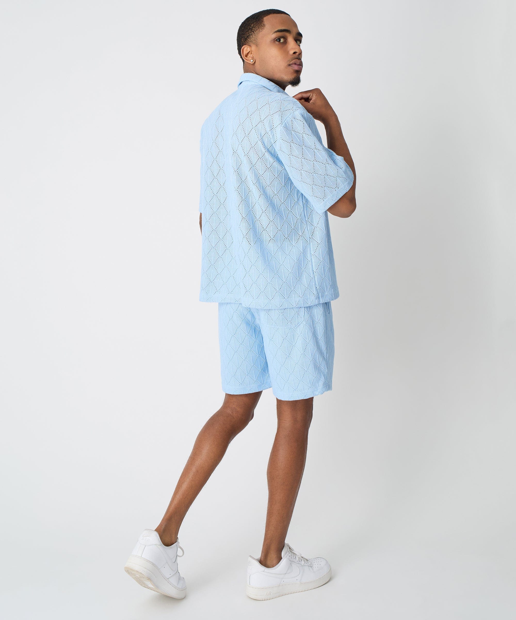 Diamond Plate Towel Color Blocked Short Sleeve Button Down Shirt - Light Blue - Image 11
