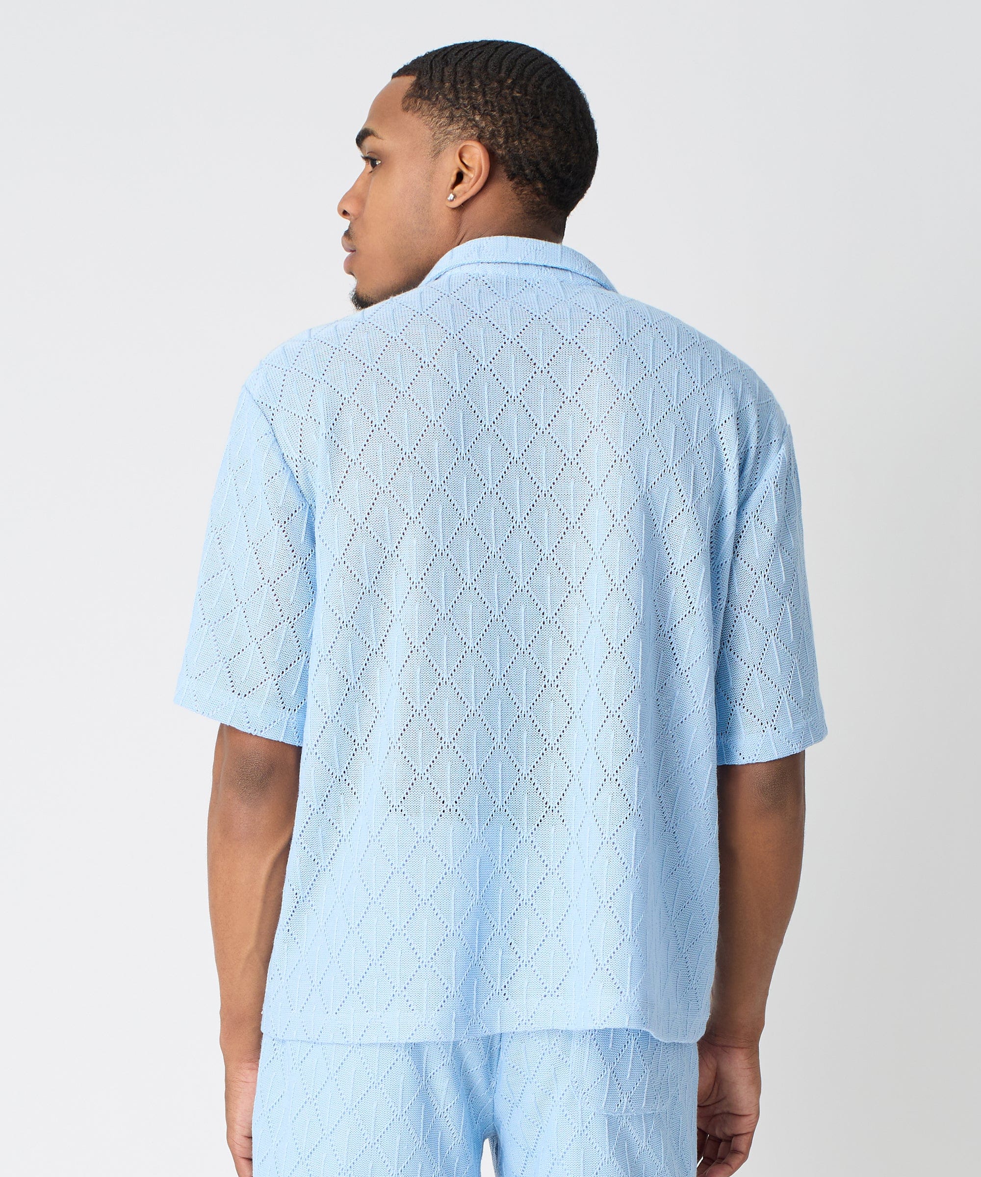 Diamond Plate Towel Color Blocked Short Sleeve Button Down Shirt - Light Blue - Image 12