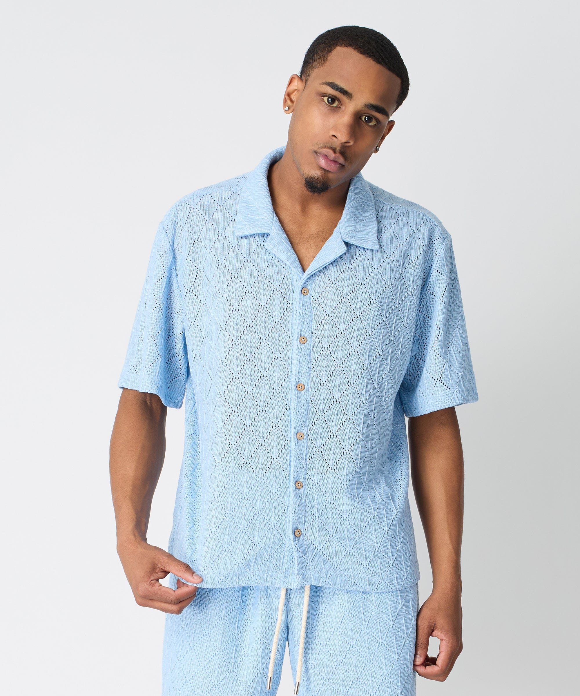 Diamond Plate Towel Color Blocked Short Sleeve Button Down Shirt - Light Blue - Image 2