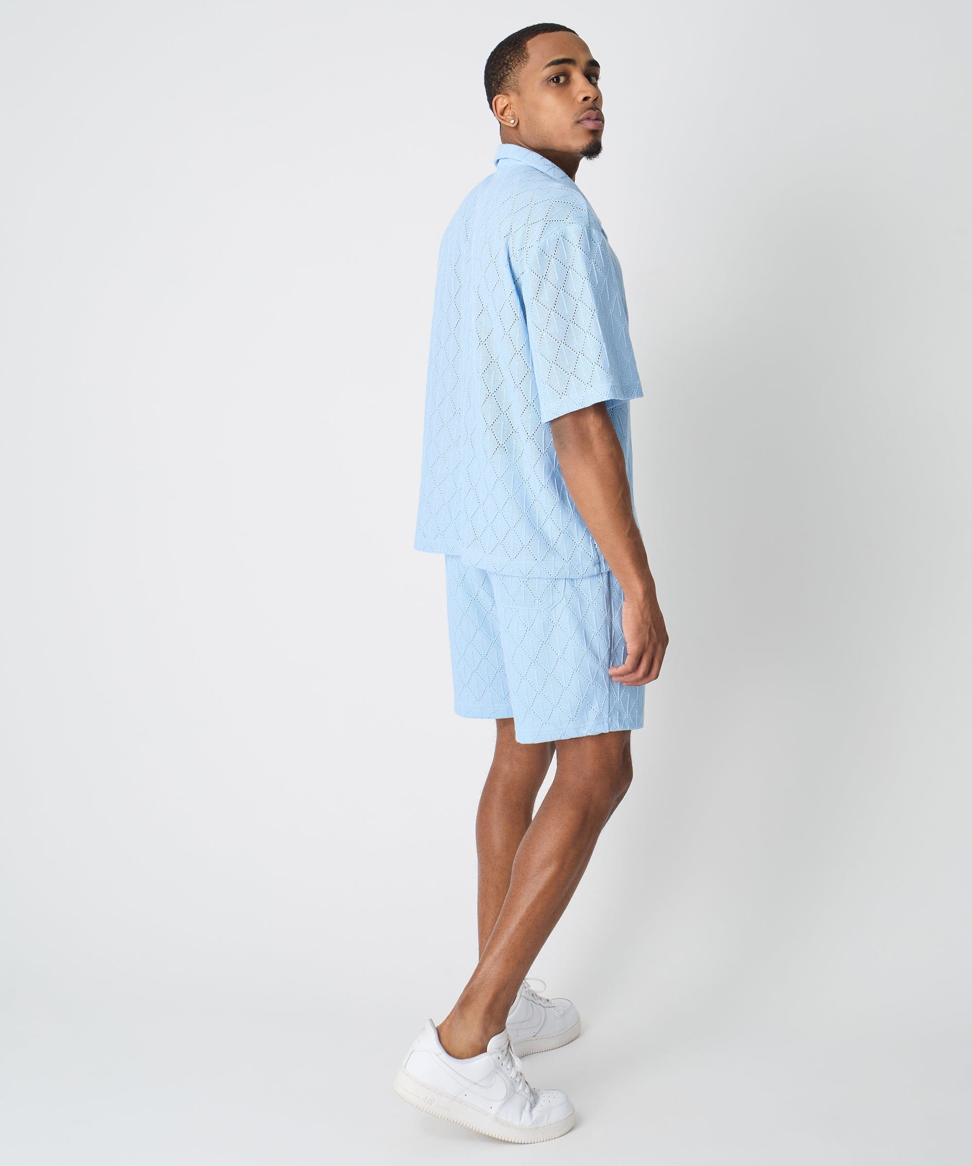 Diamond Plate Towel Color Blocked Short Sleeve Button Down Shirt - Light Blue - Image 4