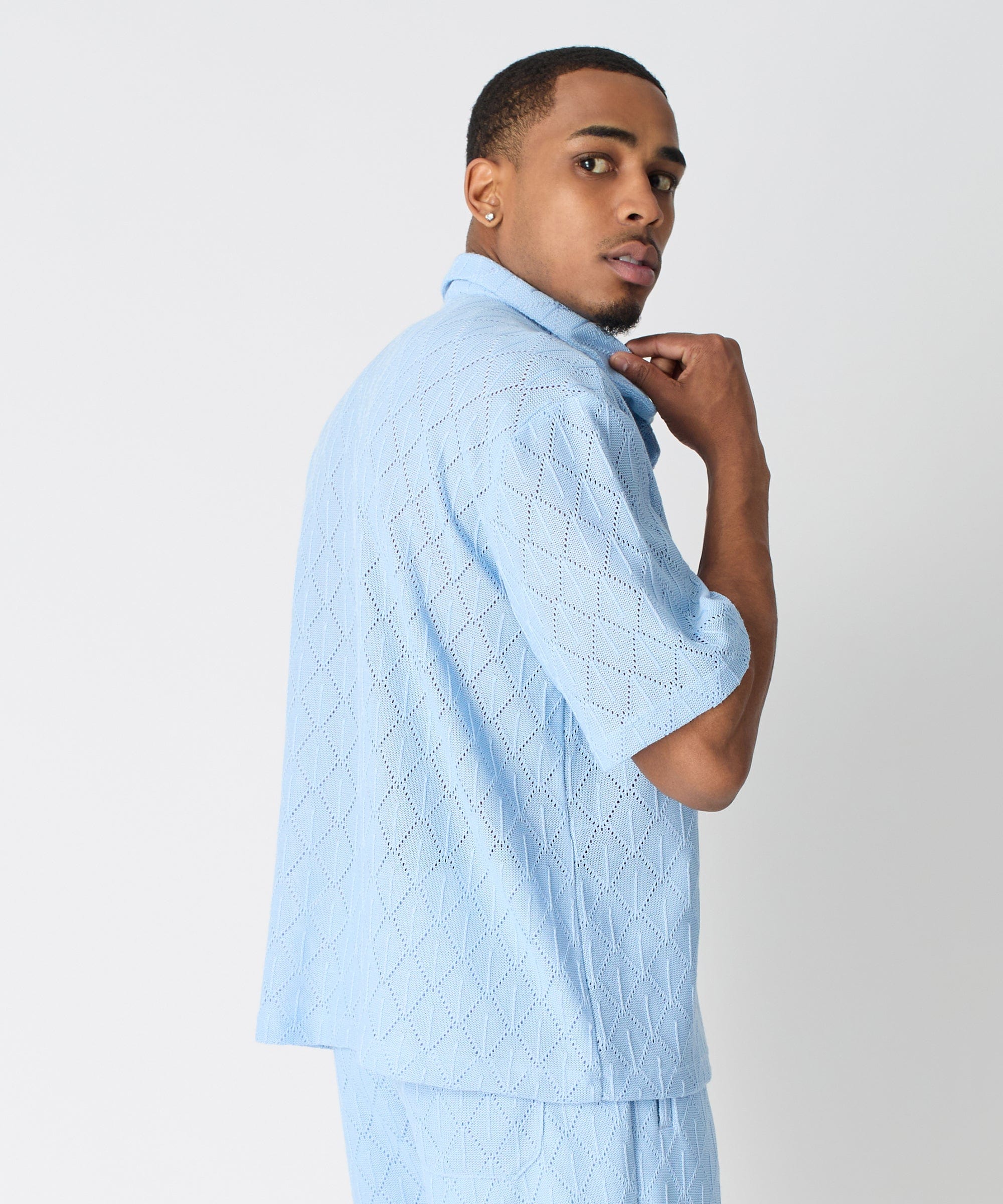 Diamond Plate Towel Color Blocked Short Sleeve Button Down Shirt - Light Blue - Image 5