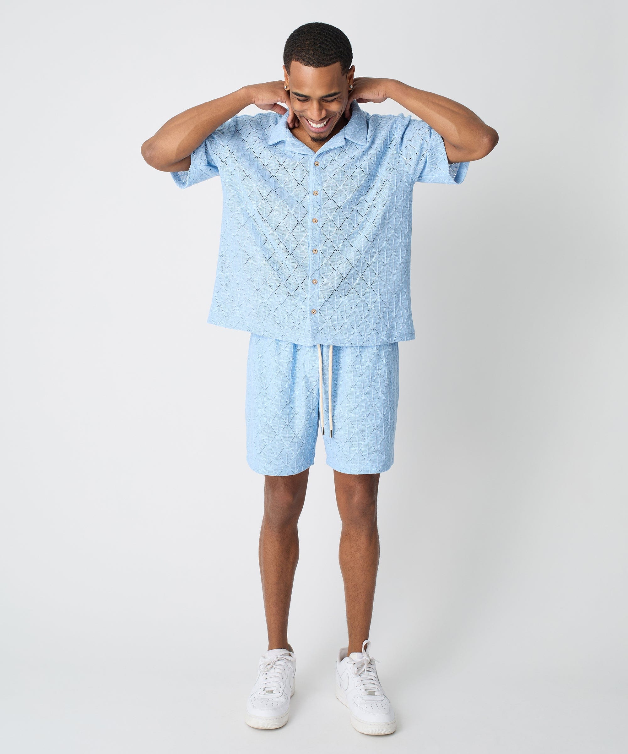 Diamond Plate Towel Color Blocked Short Sleeve Button Down Shirt - Light Blue - Image 8