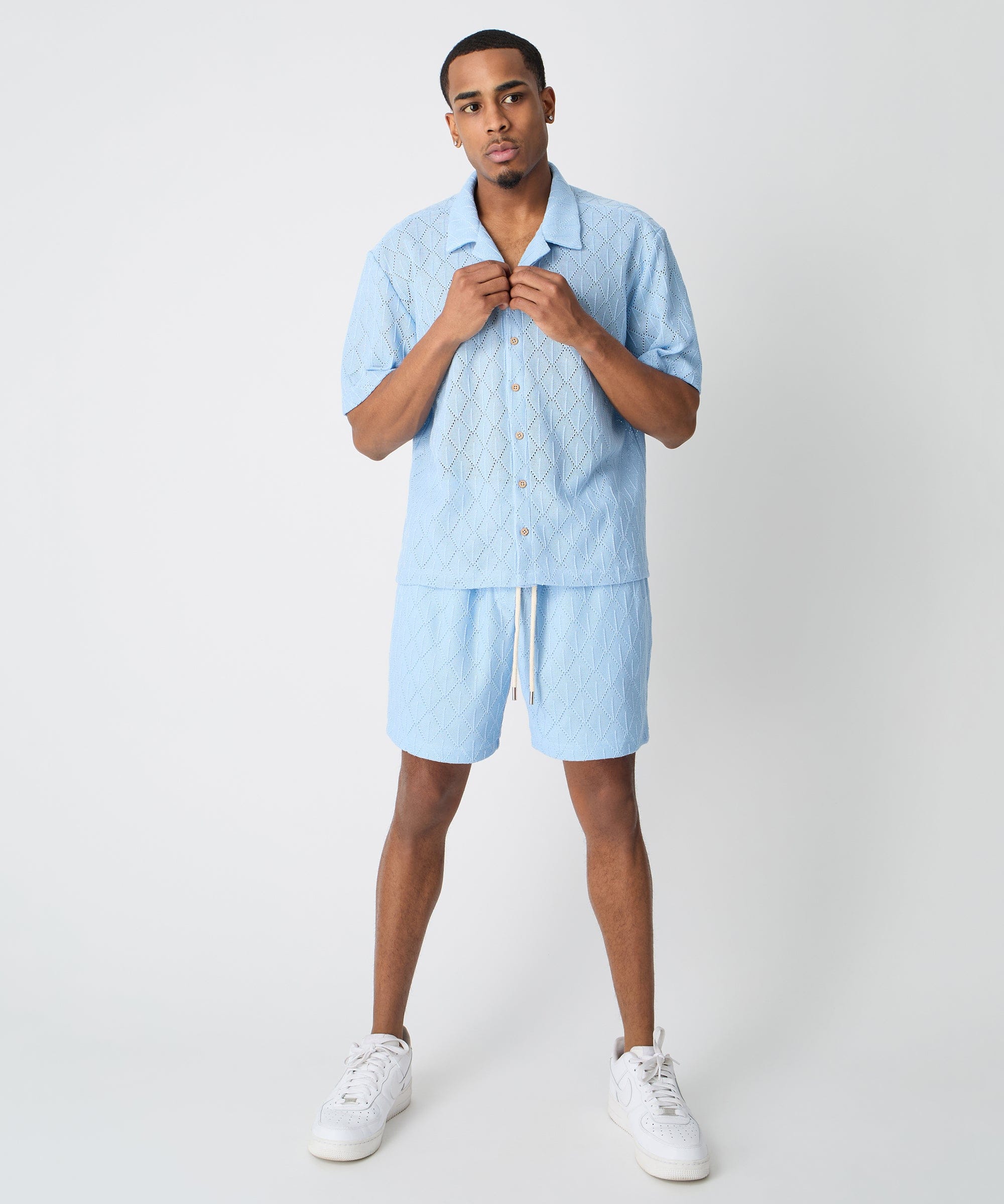 Diamond Plate Towel Color Blocked Short Sleeve Button Down Shirt - Light Blue - Image 9