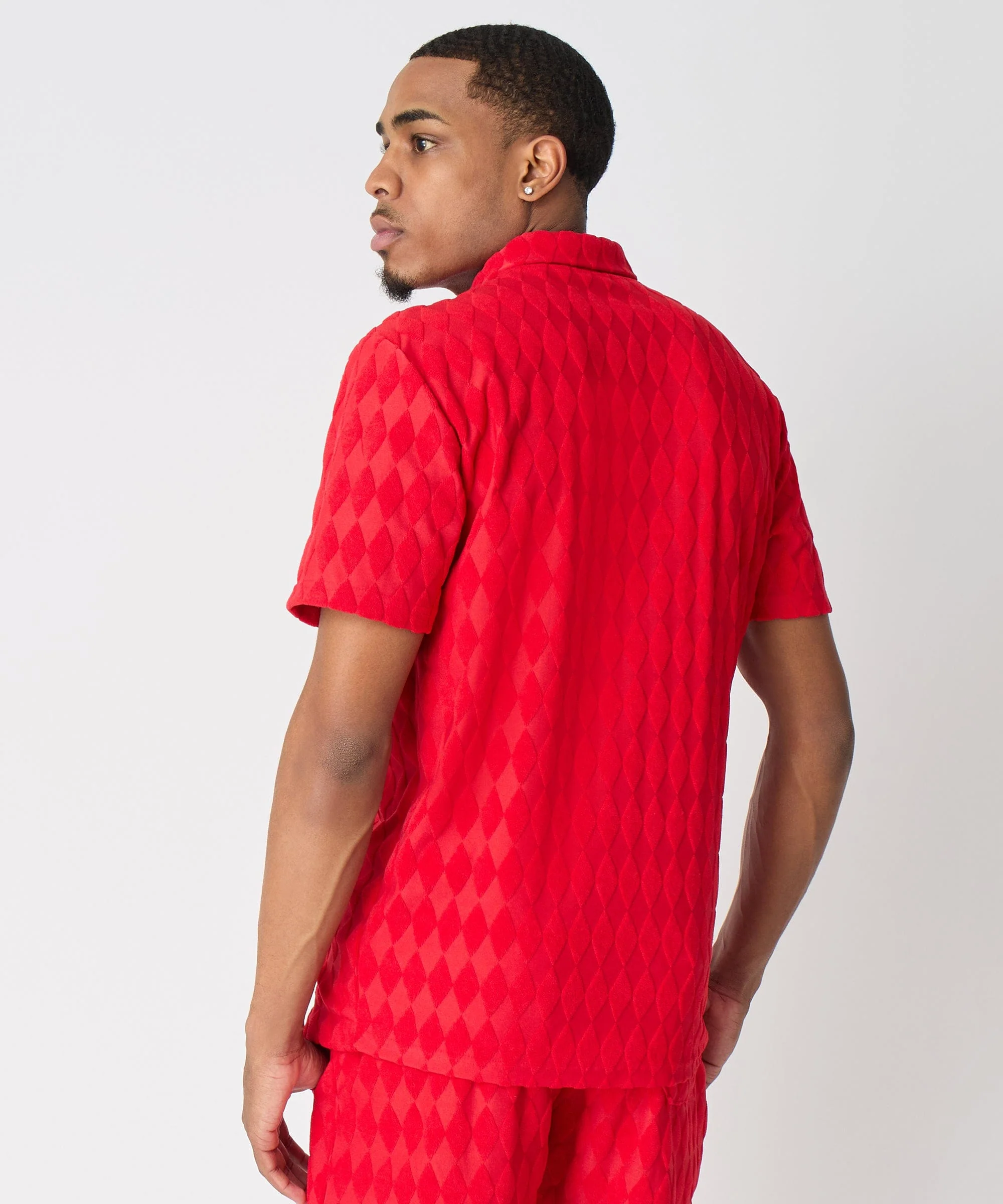 Diamond Plate Towel Color Blocked Short Sleeve Button Down Shirt - Red - Image 3