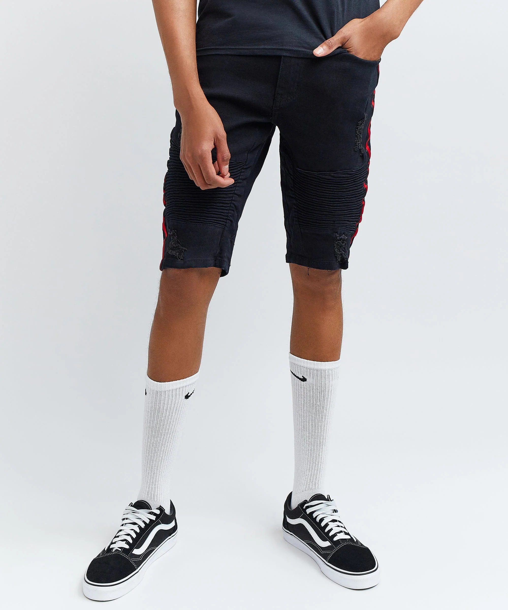 Dunham Side Stripe Black Wash Moto Denim Shorts - Image 4