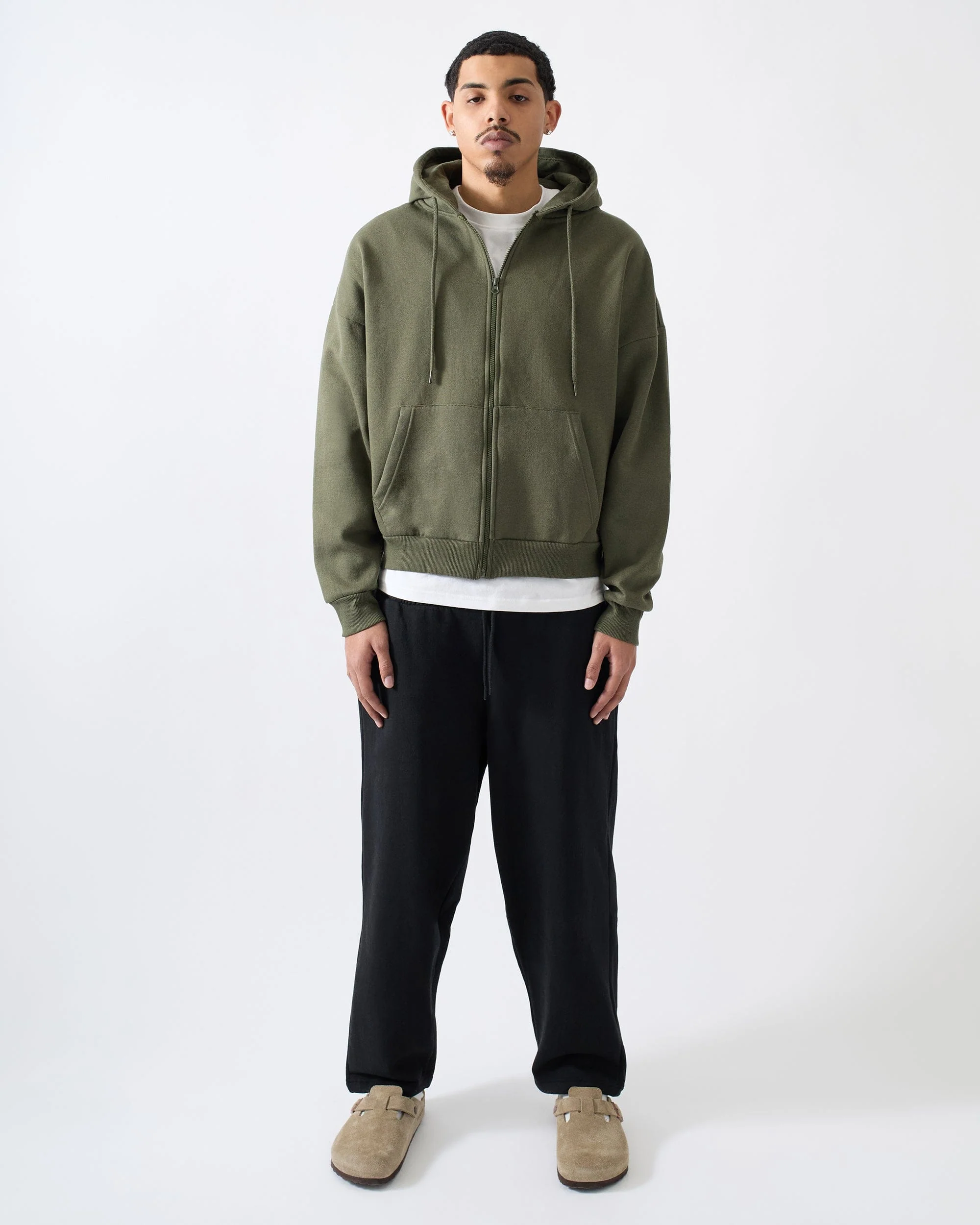 Essential Heavyweight Fleece Baggy Fit Comfy Zip Up Hoodie - Olive Green - Image 2