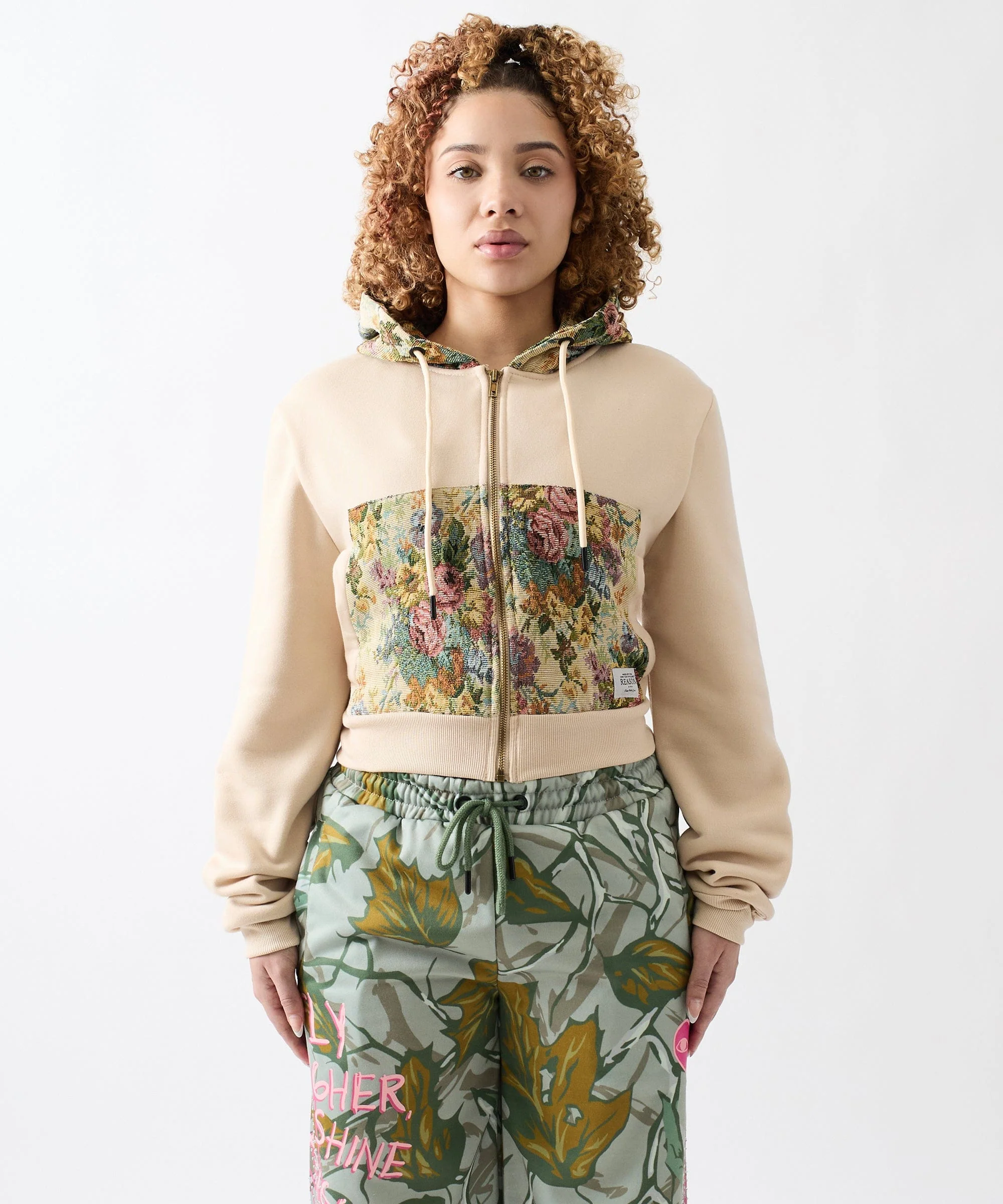 Women Tapestry Zip Up Hoodie - Khaki - Image 2