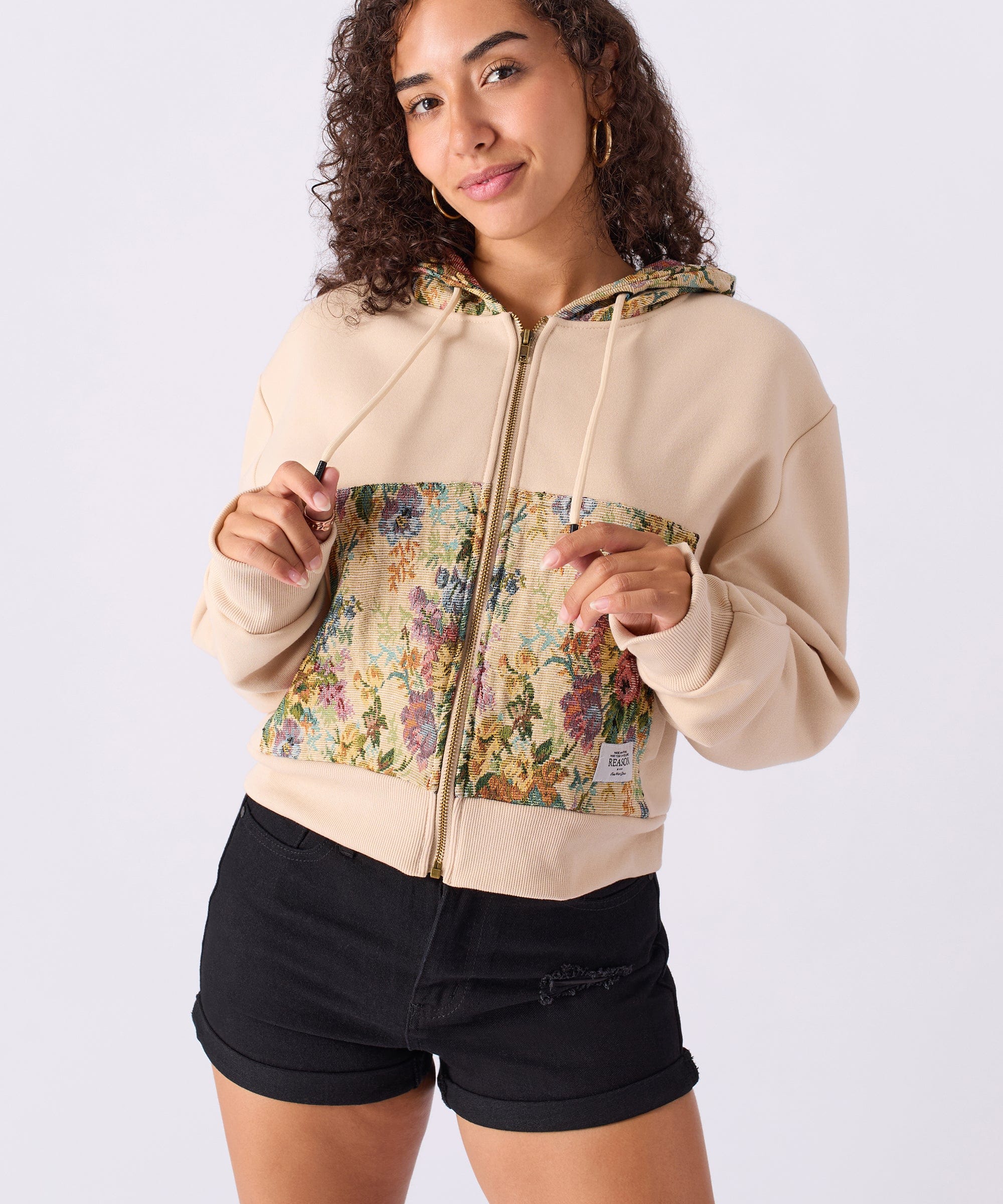 Women Tapestry Zip Up Hoodie - Khaki - Image 5