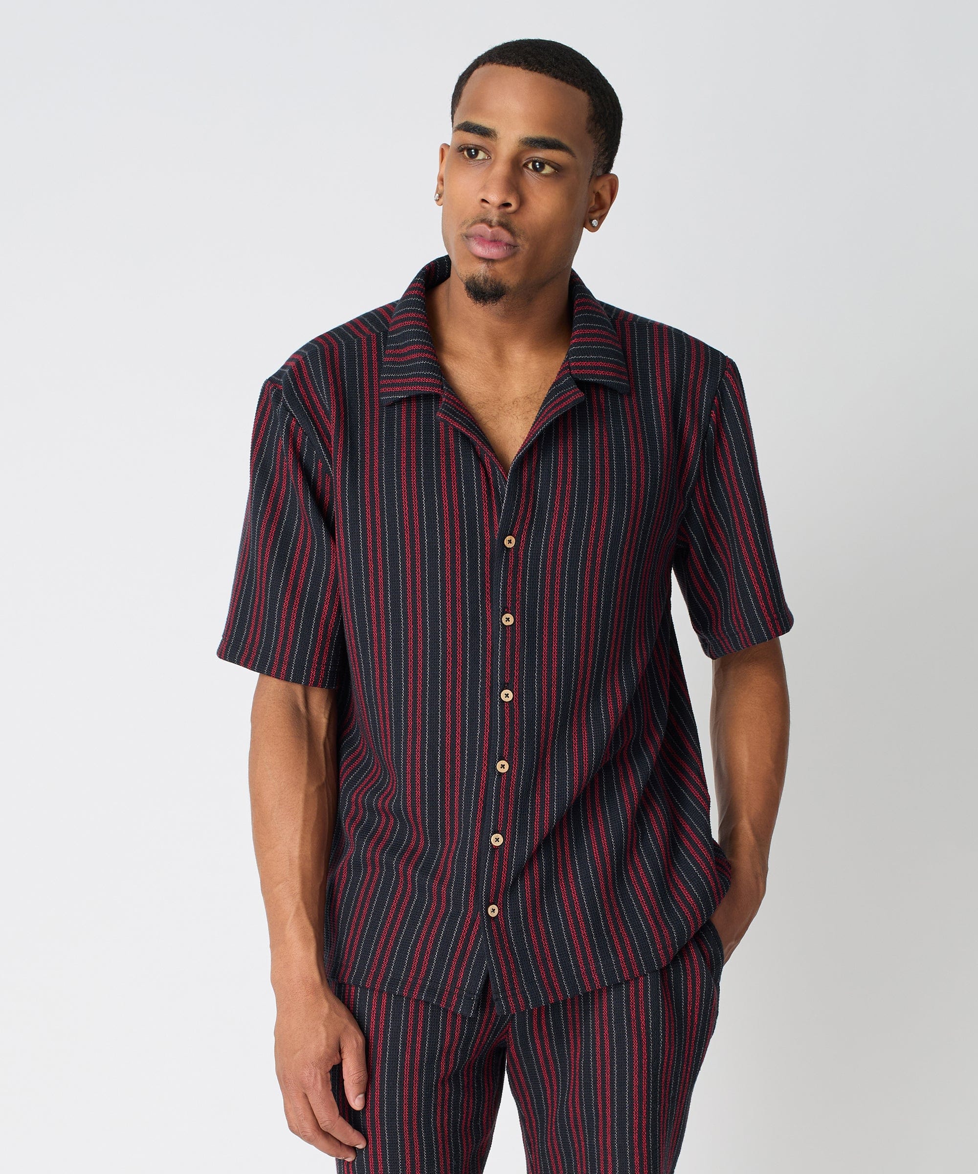 Jacquard Knit Short Sleeve Striped Button Down Shirt - Black - Image 2
