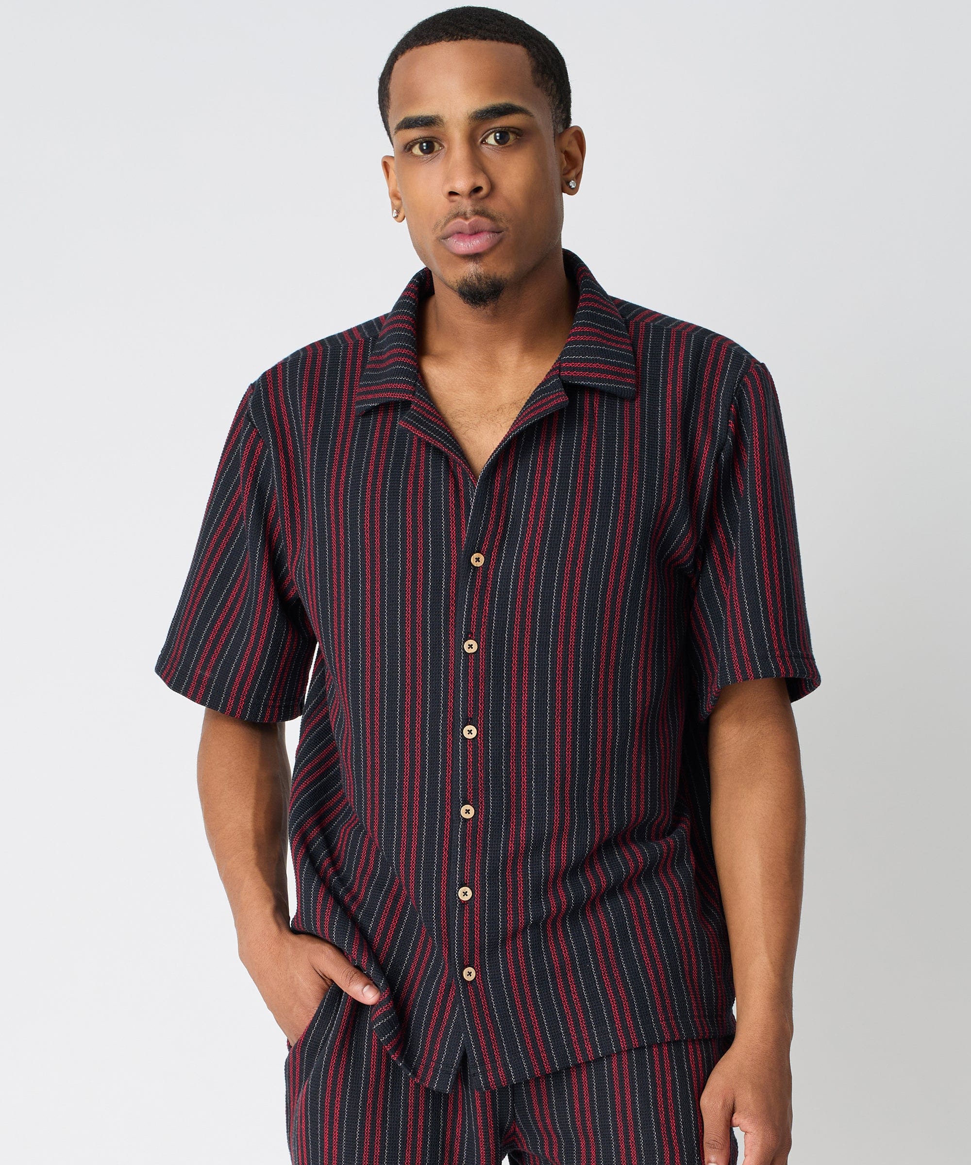 Jacquard Knit Short Sleeve Striped Button Down Shirt - Black - Image 6