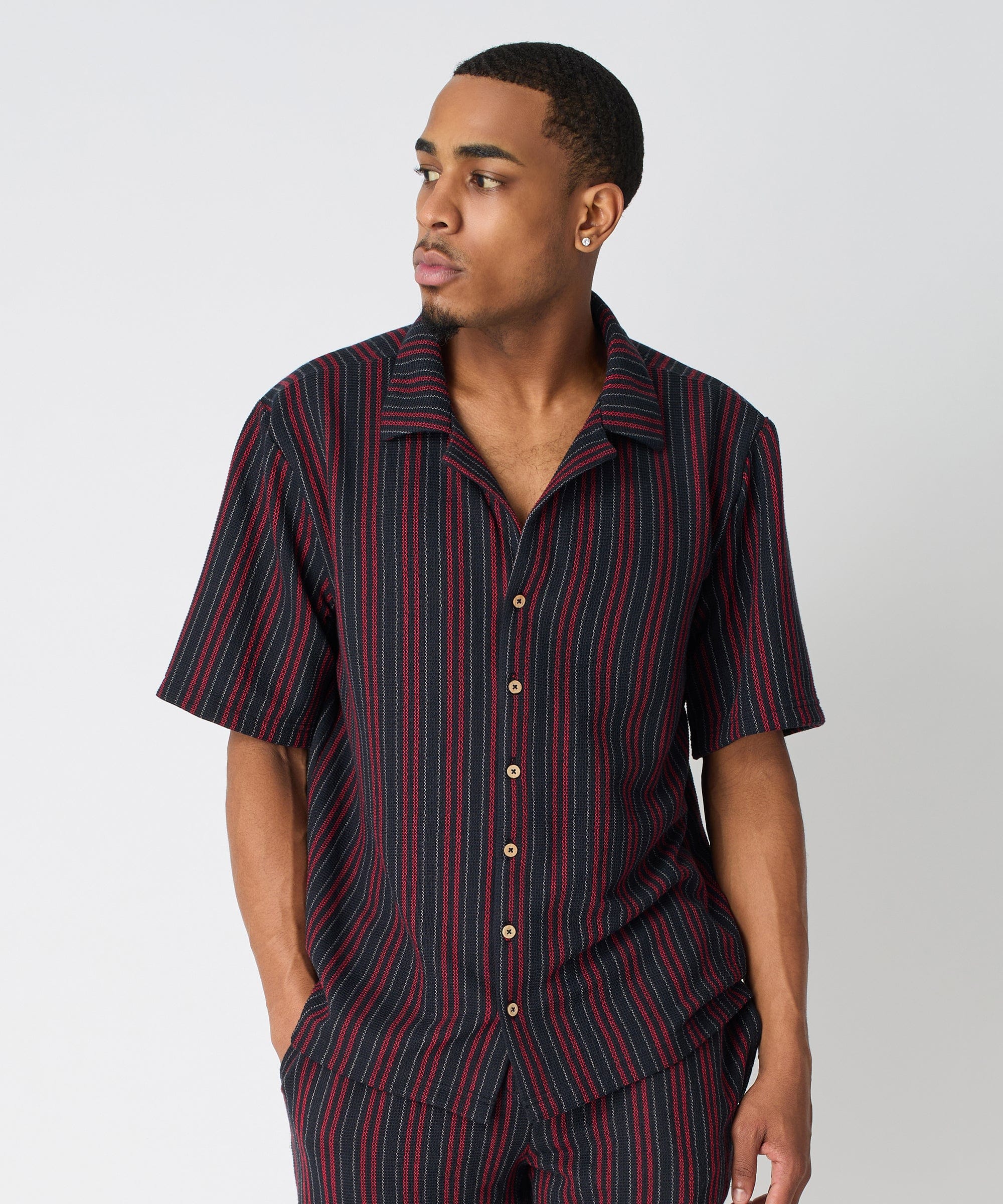 Jacquard Knit Short Sleeve Striped Button Down Shirt - Black - Image 7