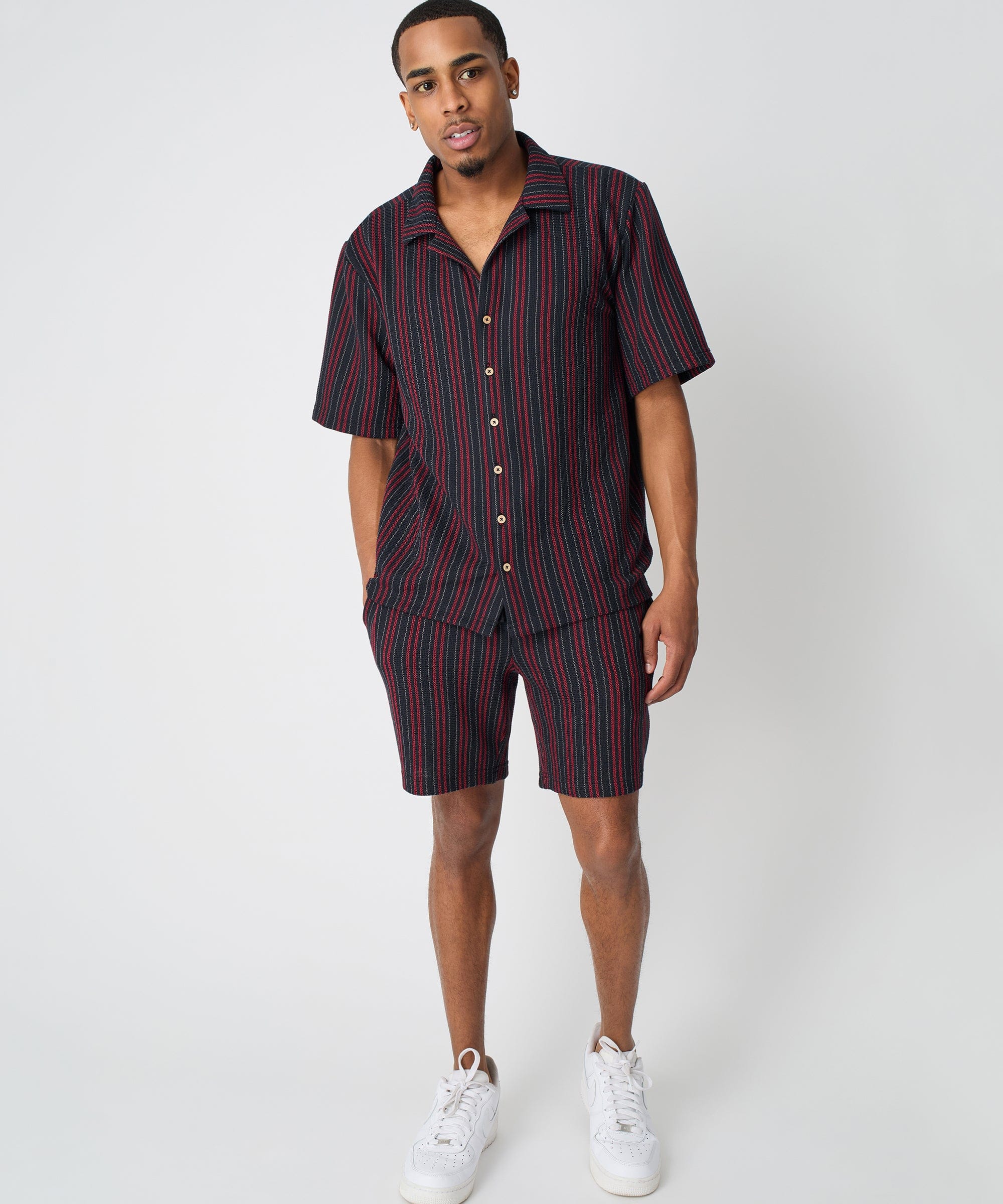 Jacquard Knit Short Sleeve Striped Button Down Shirt - Black - Image 9