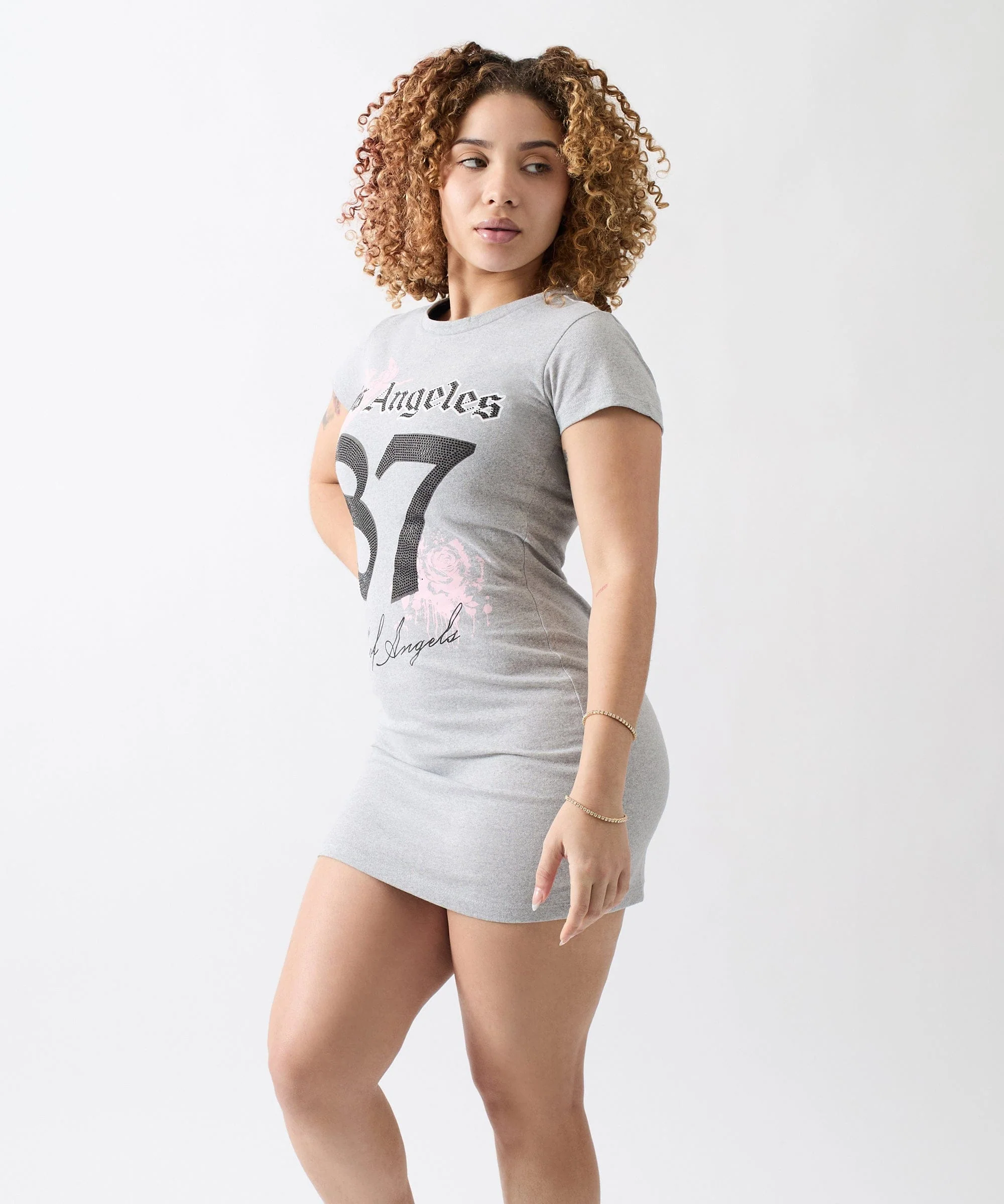 LA Angels Short Sleeve Bodycon Dress - Grey - Image 3