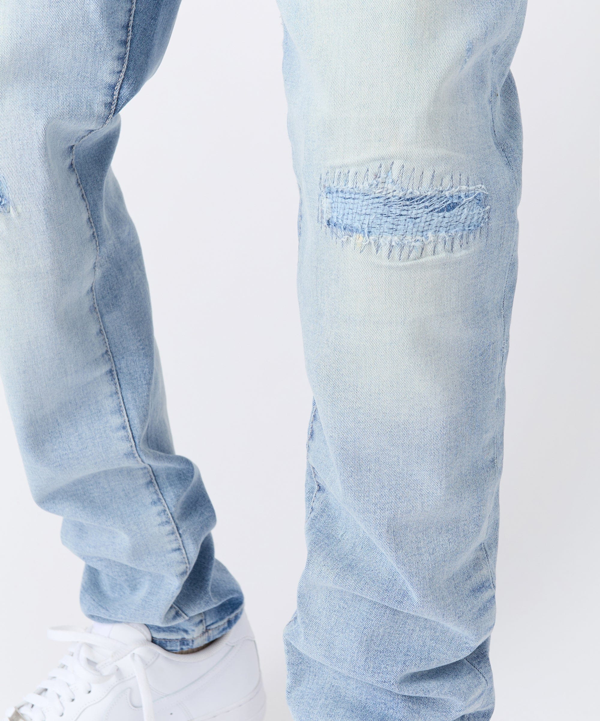 Ripped And Repaired Washed Denim Jeans - Light Blue - Image 2
