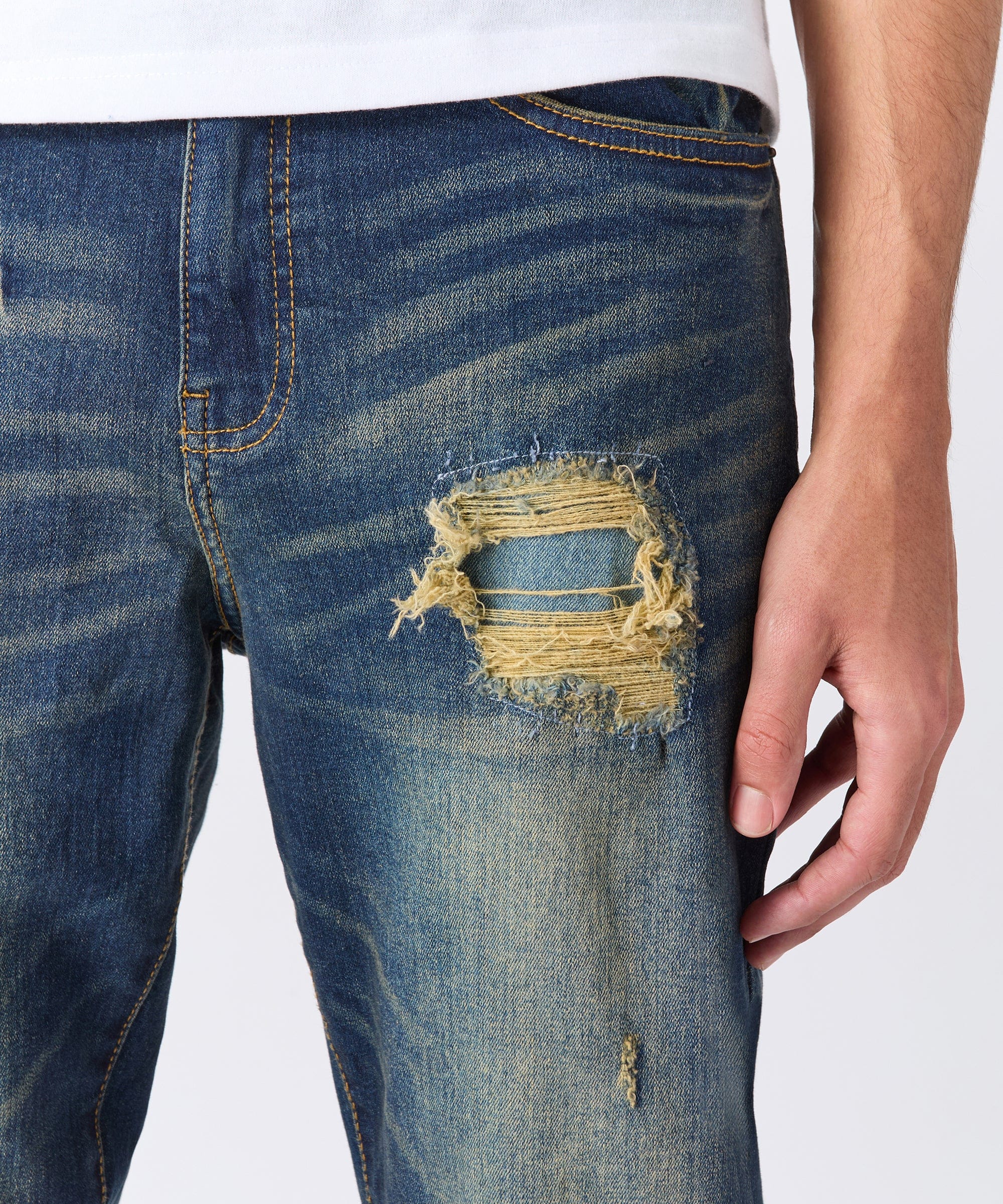 Indigo Washed Tint Rip And Repair Denim Pants - Dark Blue - Image 4