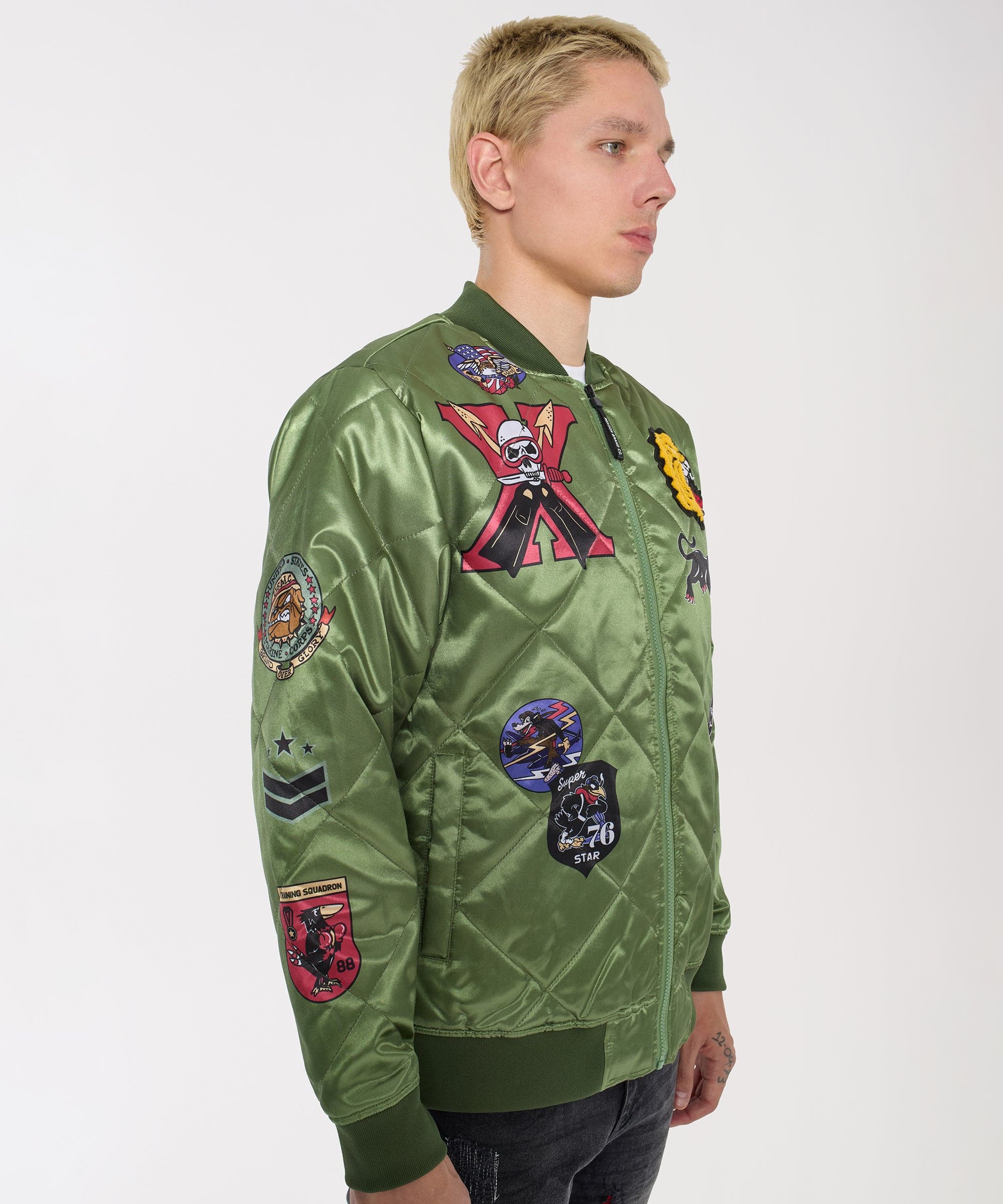 Military Satin Bomber Jacket - Olive Green - Image 10