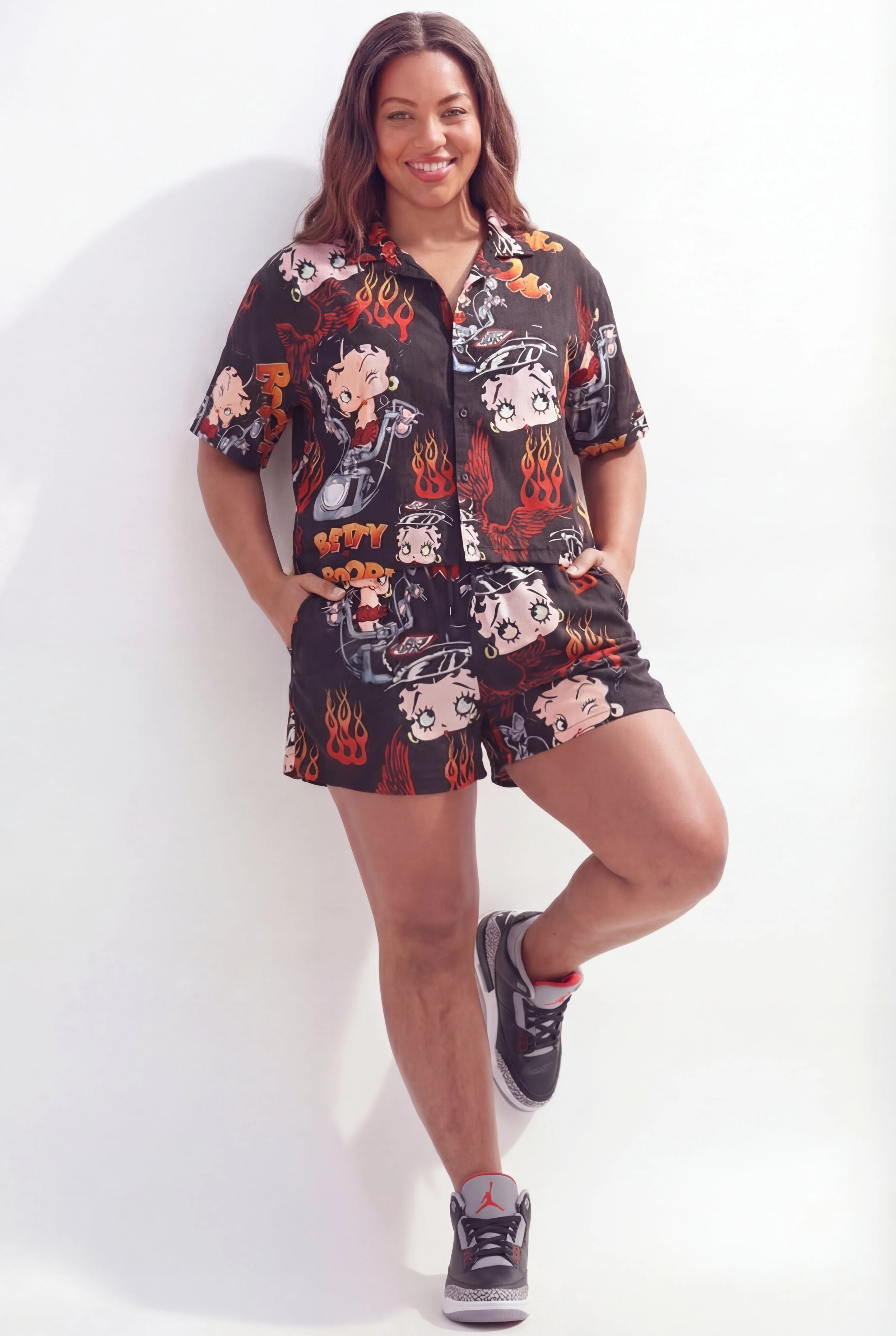 Women Plus Size Biker Betty Boop Woven Top - Black - Image 2