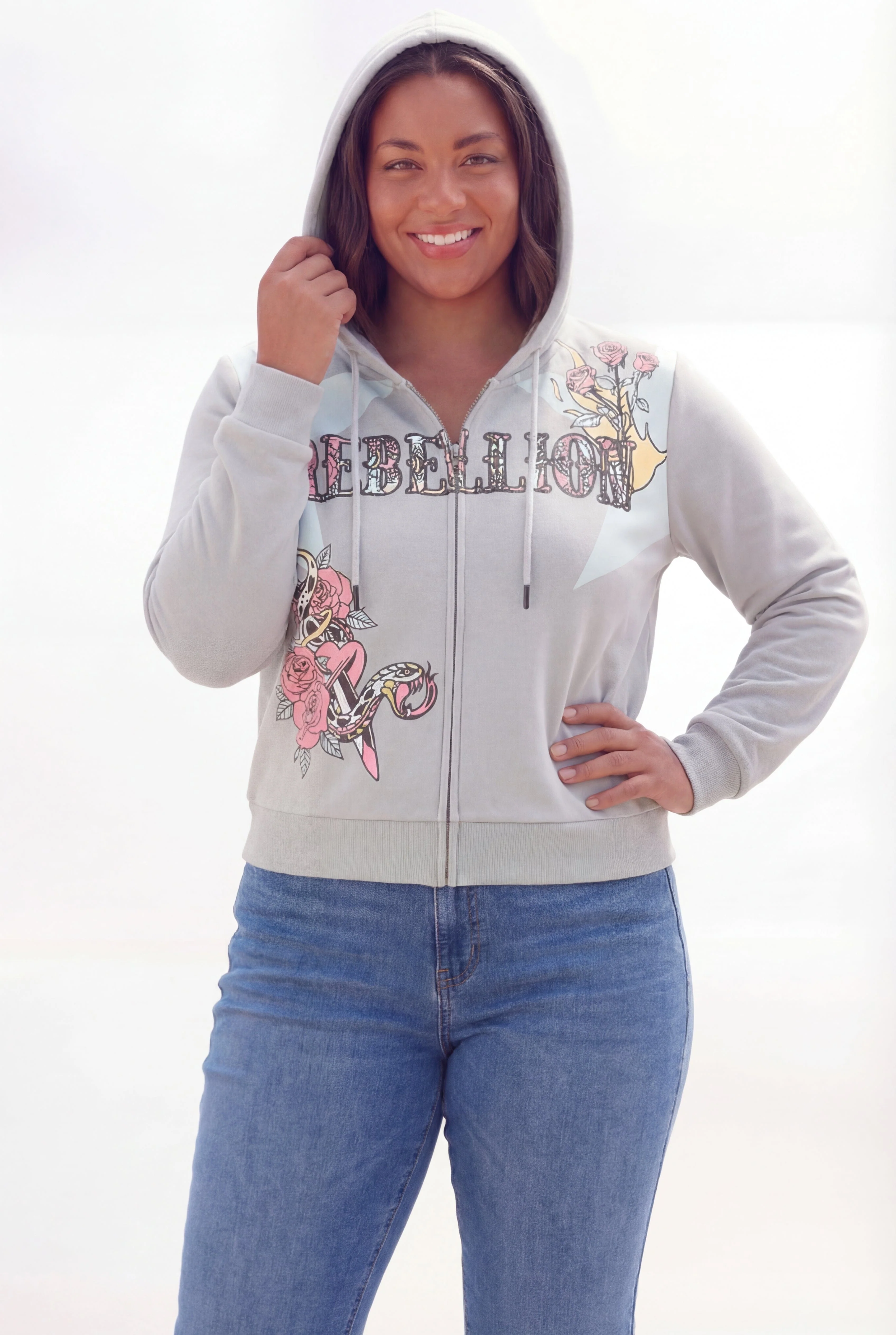 Plus Size Women Rebellion Cropped Zip Up Hoodie - Grey - Image 2