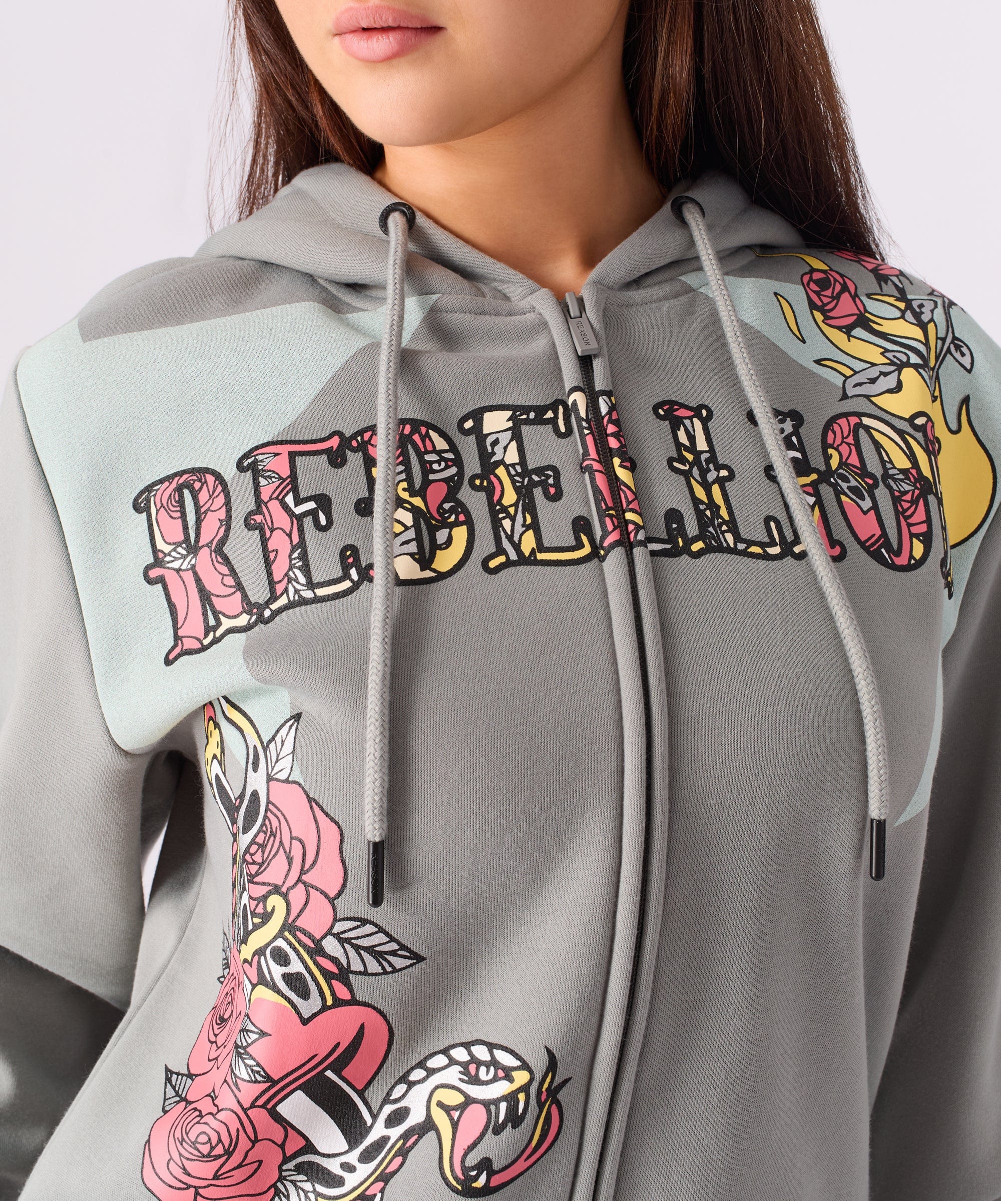 Women Rebellion Cropped Zip Up Hoodie - Grey - Image 6
