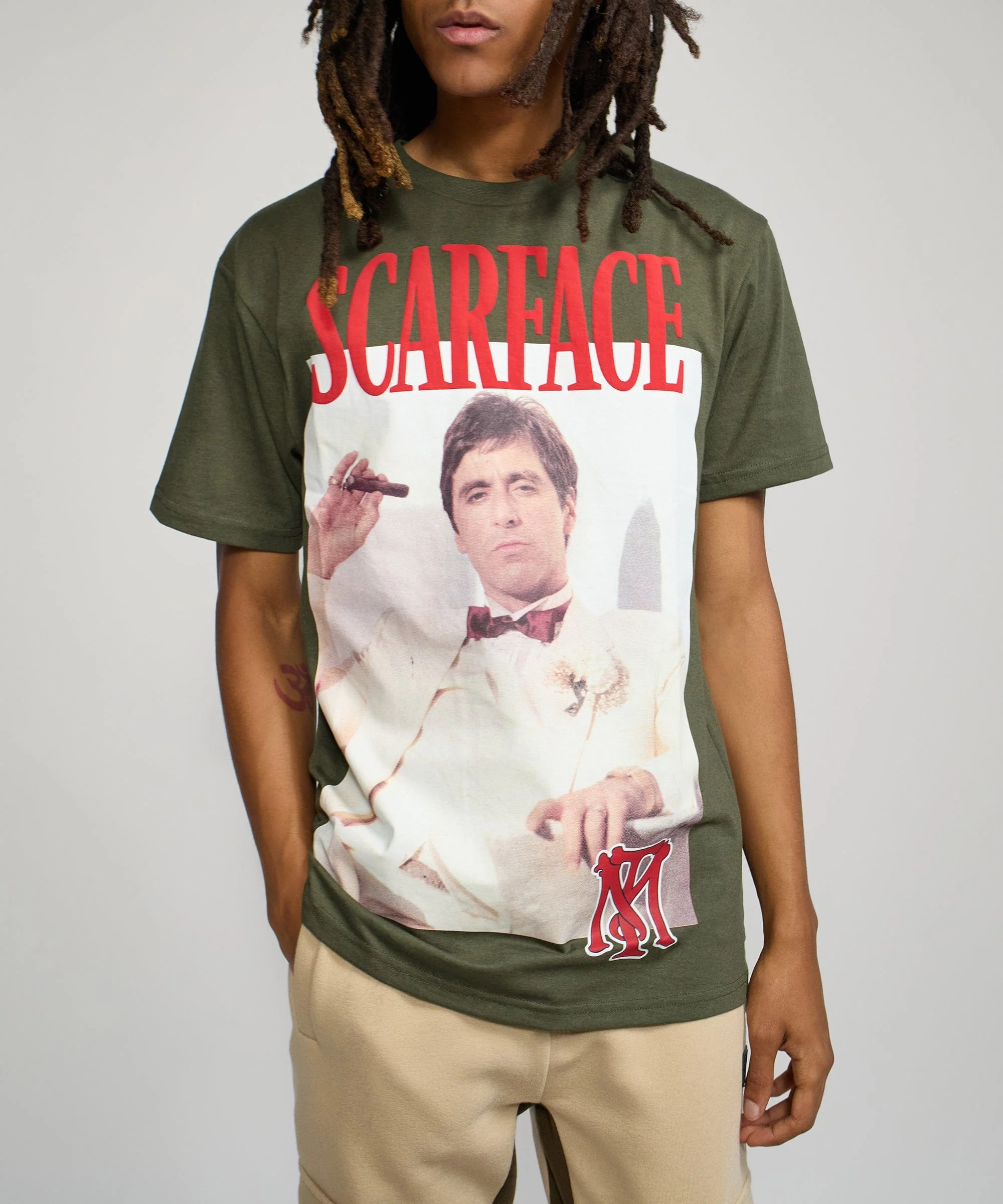 Scarface White Suit Short Sleeve Tee - Olive Green - Image 4