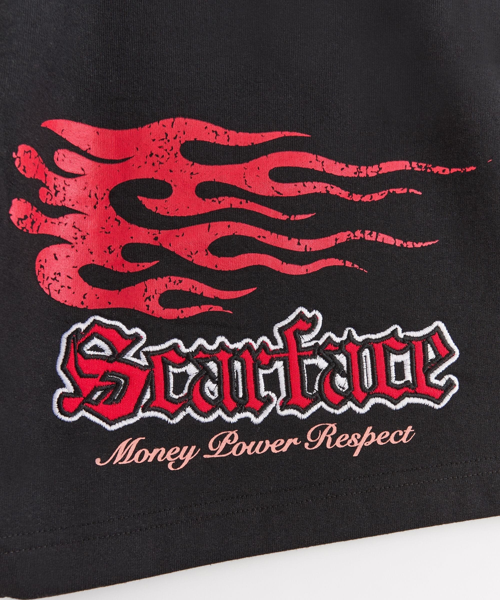 Scarface Money Power Respect Embroidered Fleece Short - Black - Image 3