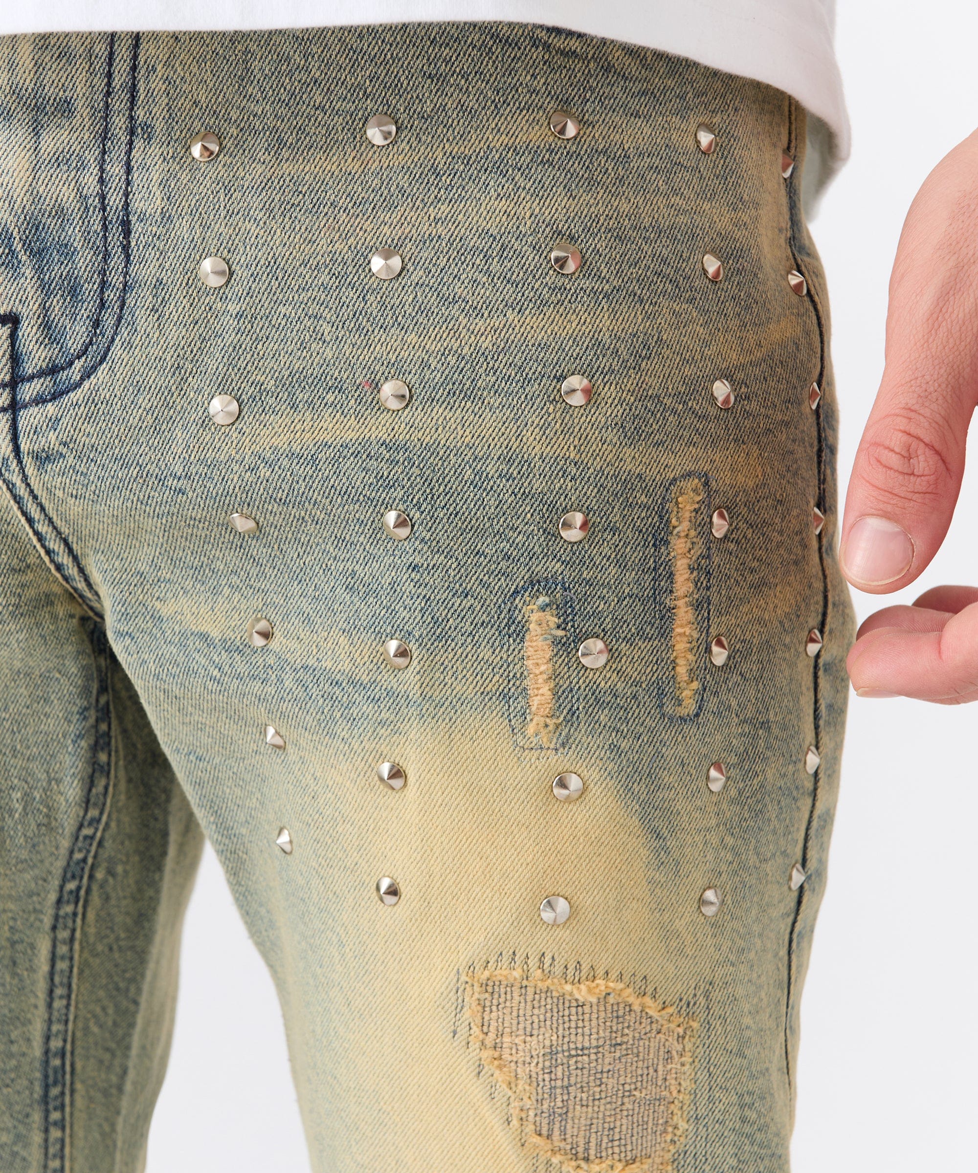 Studded Distress Denim Jeans - Blue - Image 4