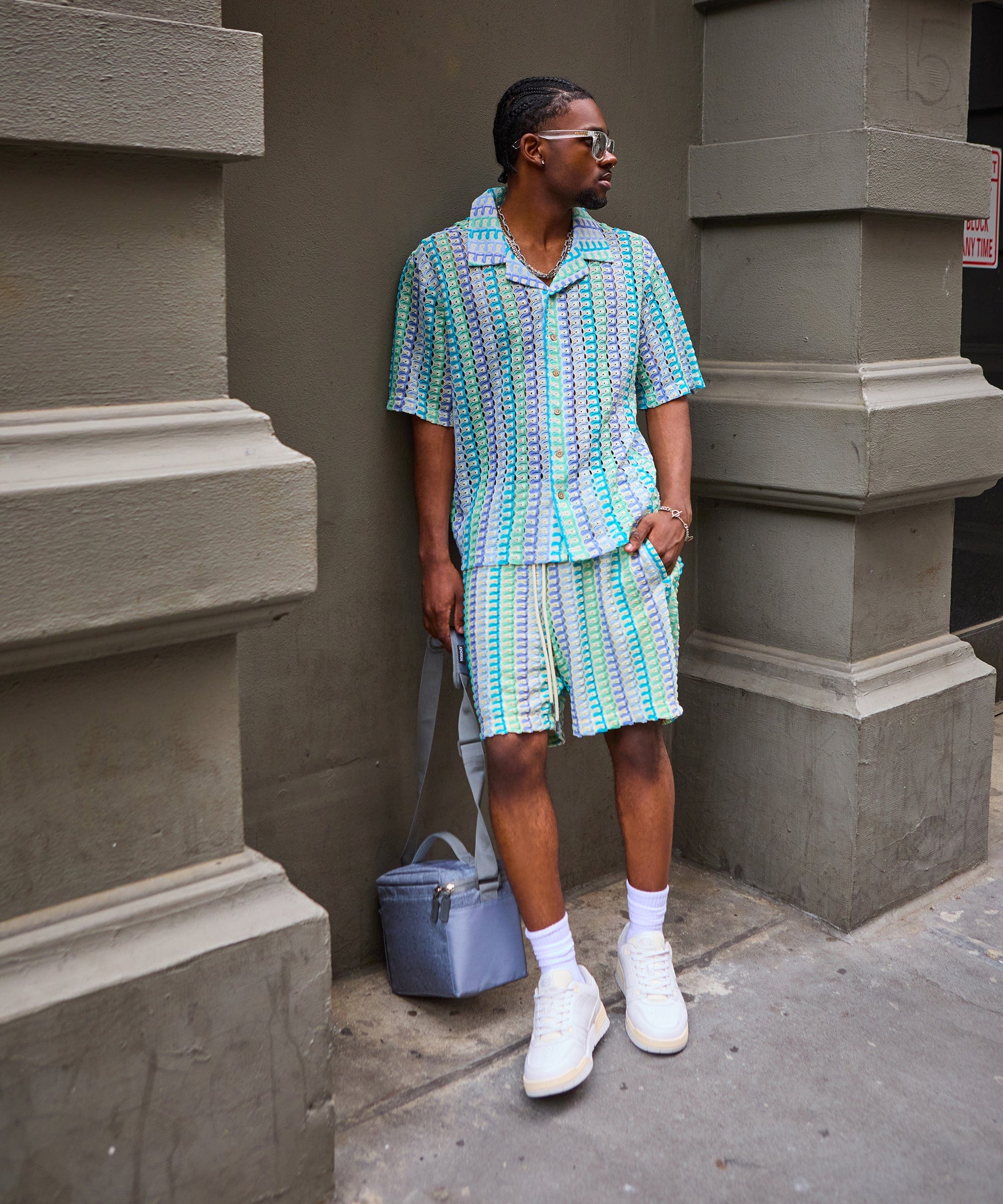 Textured Knit Short Sleeve Button Down Shirt - Light Blue - Image 3