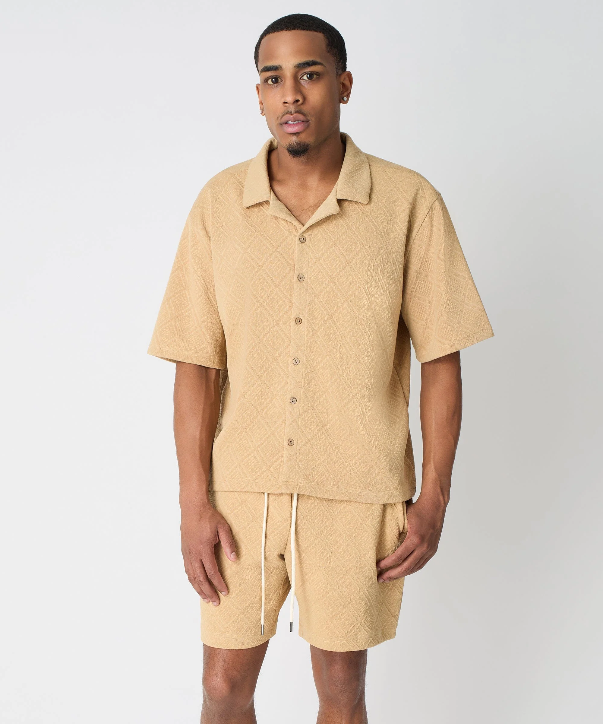 Textured Knit Short Sleeve Button Down Shirt - Taupe - Image 10