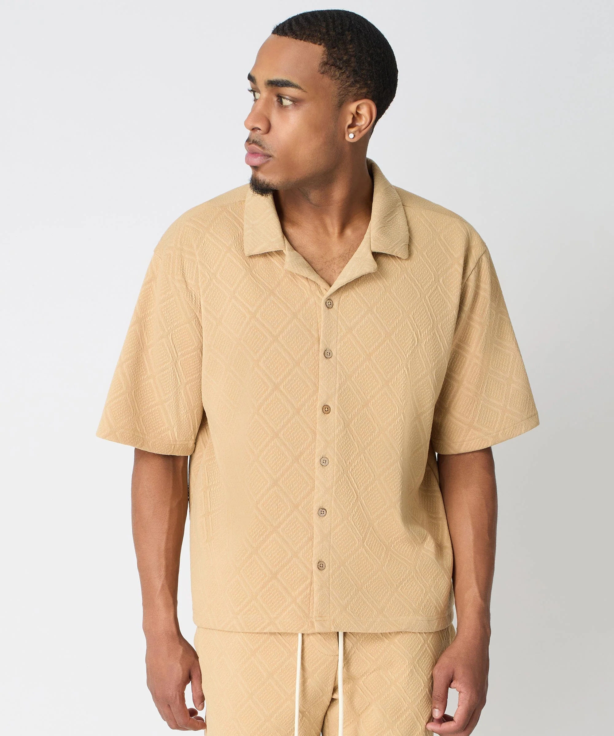 Textured Knit Short Sleeve Button Down Shirt - Taupe - Image 2