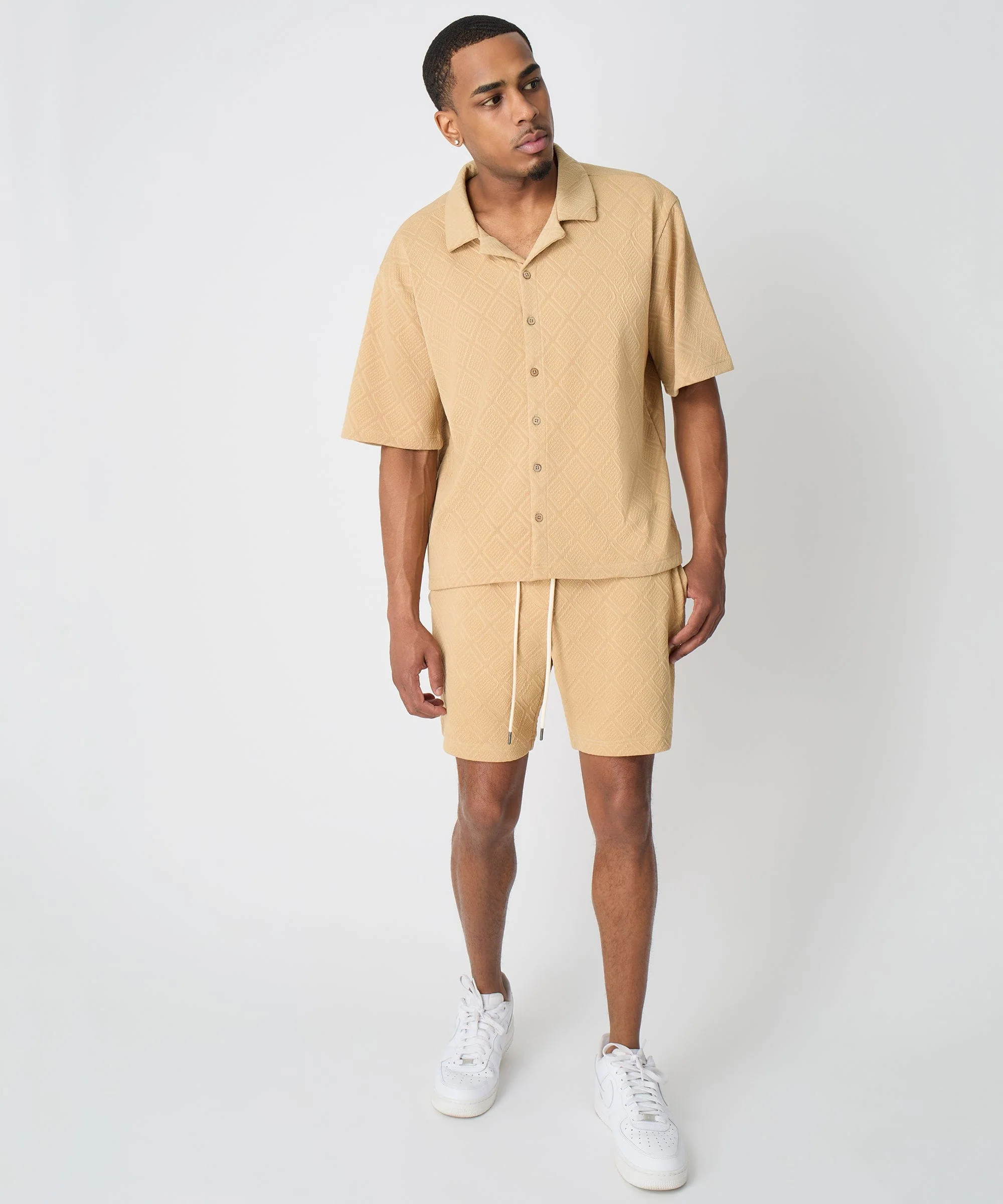 Textured Knit Short Sleeve Button Down Shirt - Taupe - Image 3