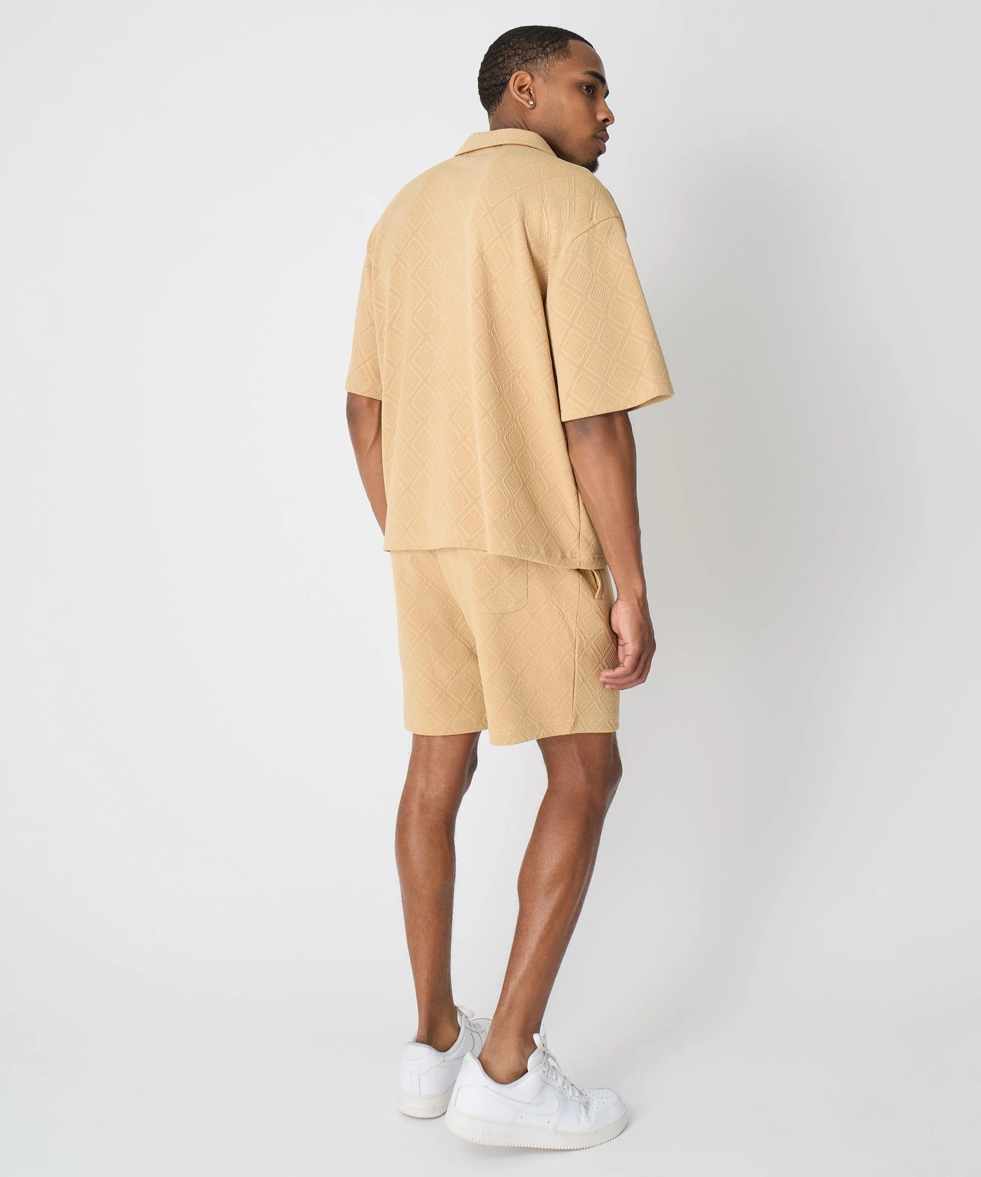 Textured Knit Short Sleeve Button Down Shirt - Taupe - Image 4