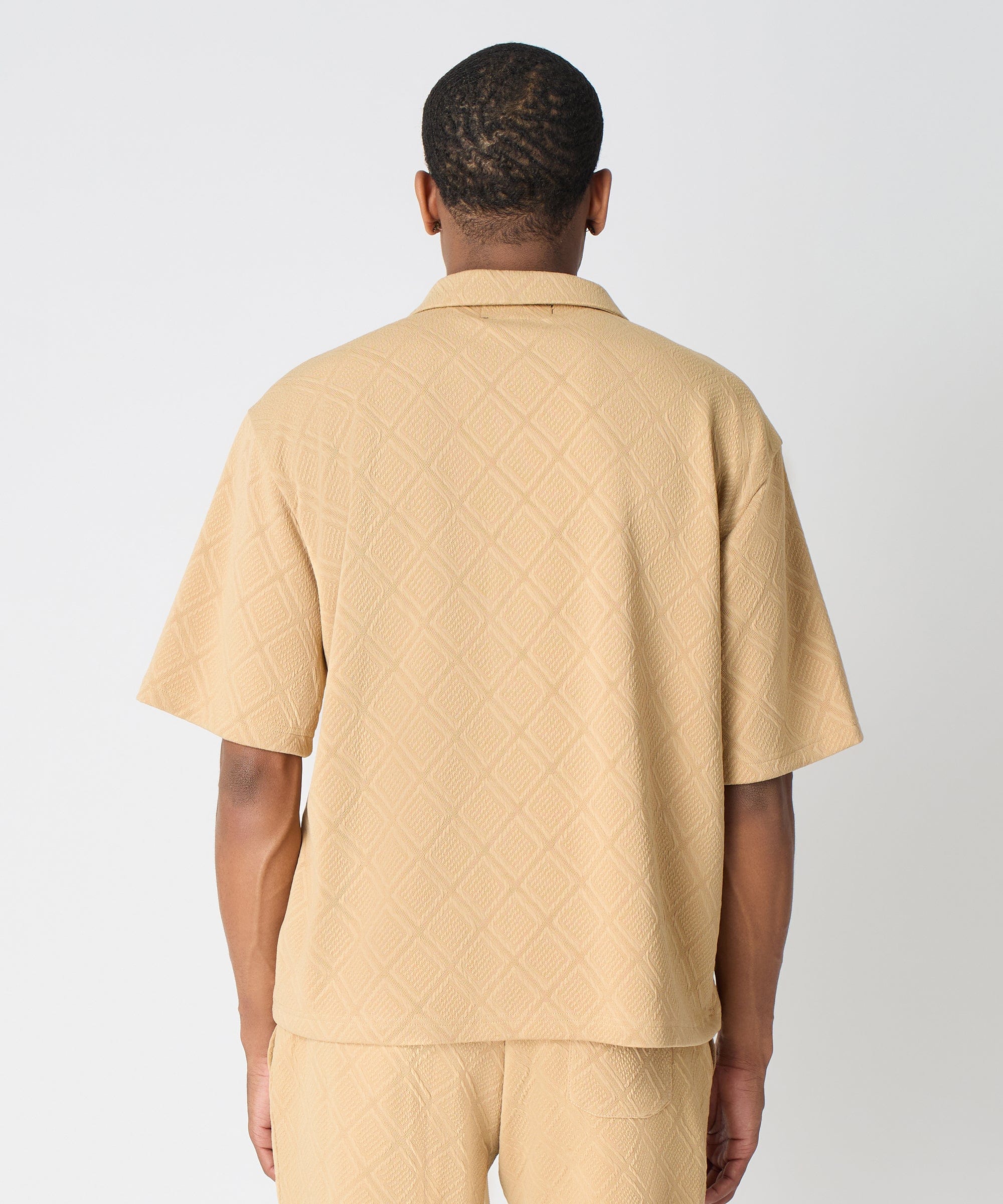 Textured Knit Short Sleeve Button Down Shirt - Taupe - Image 5