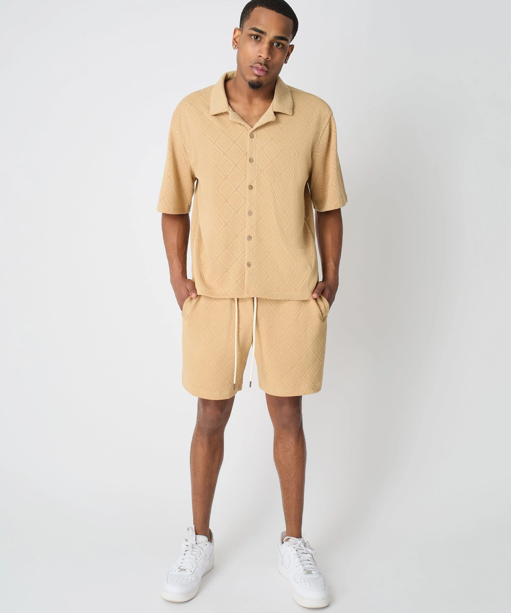 Textured Knit Short Sleeve Button Down Shirt - Taupe - Image 8
