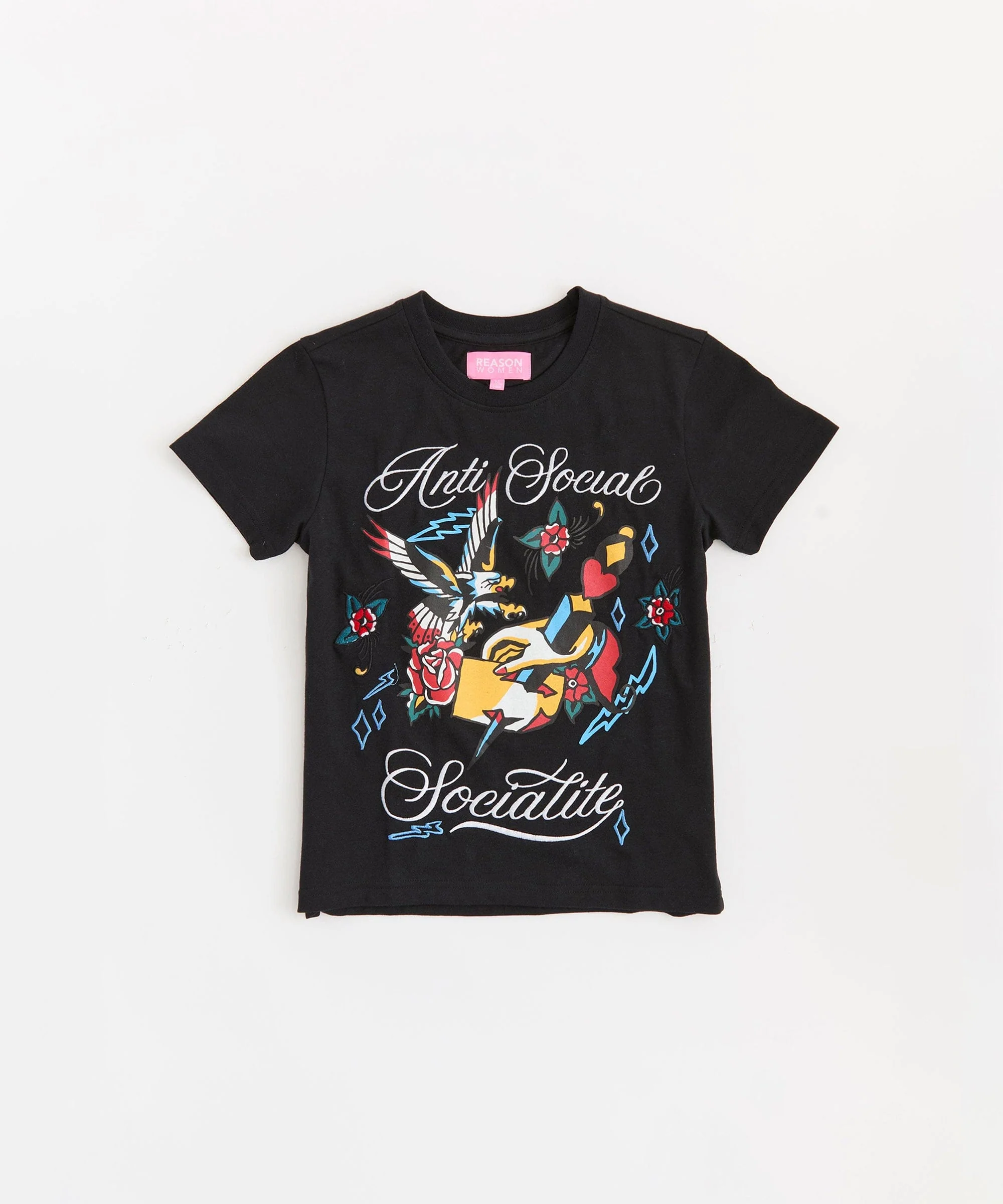 Women Anti Social Embroidered Short Sleeve Tee - Black