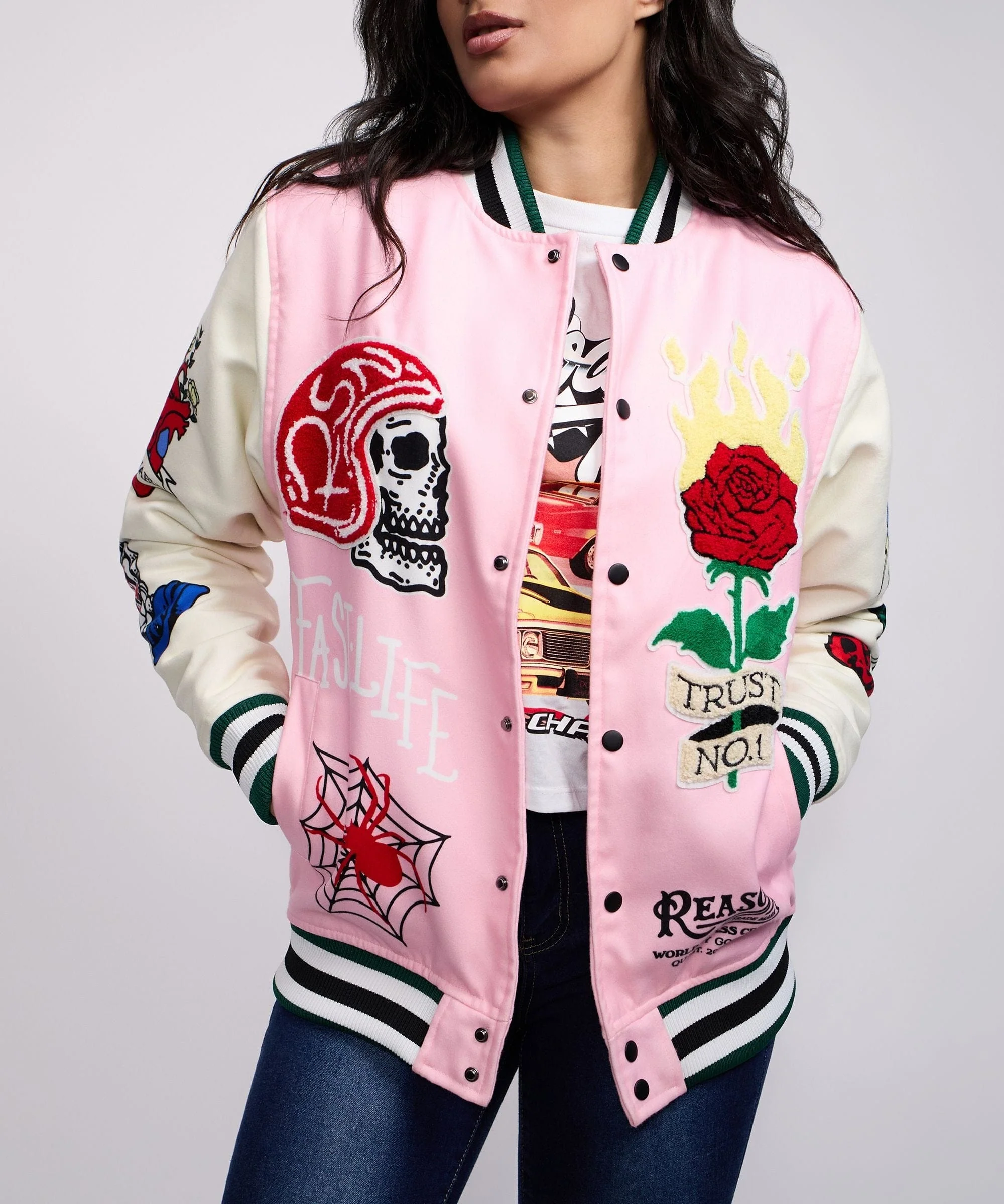 Women Bridges Burn Varsity Jacket - Pink - Image 2
