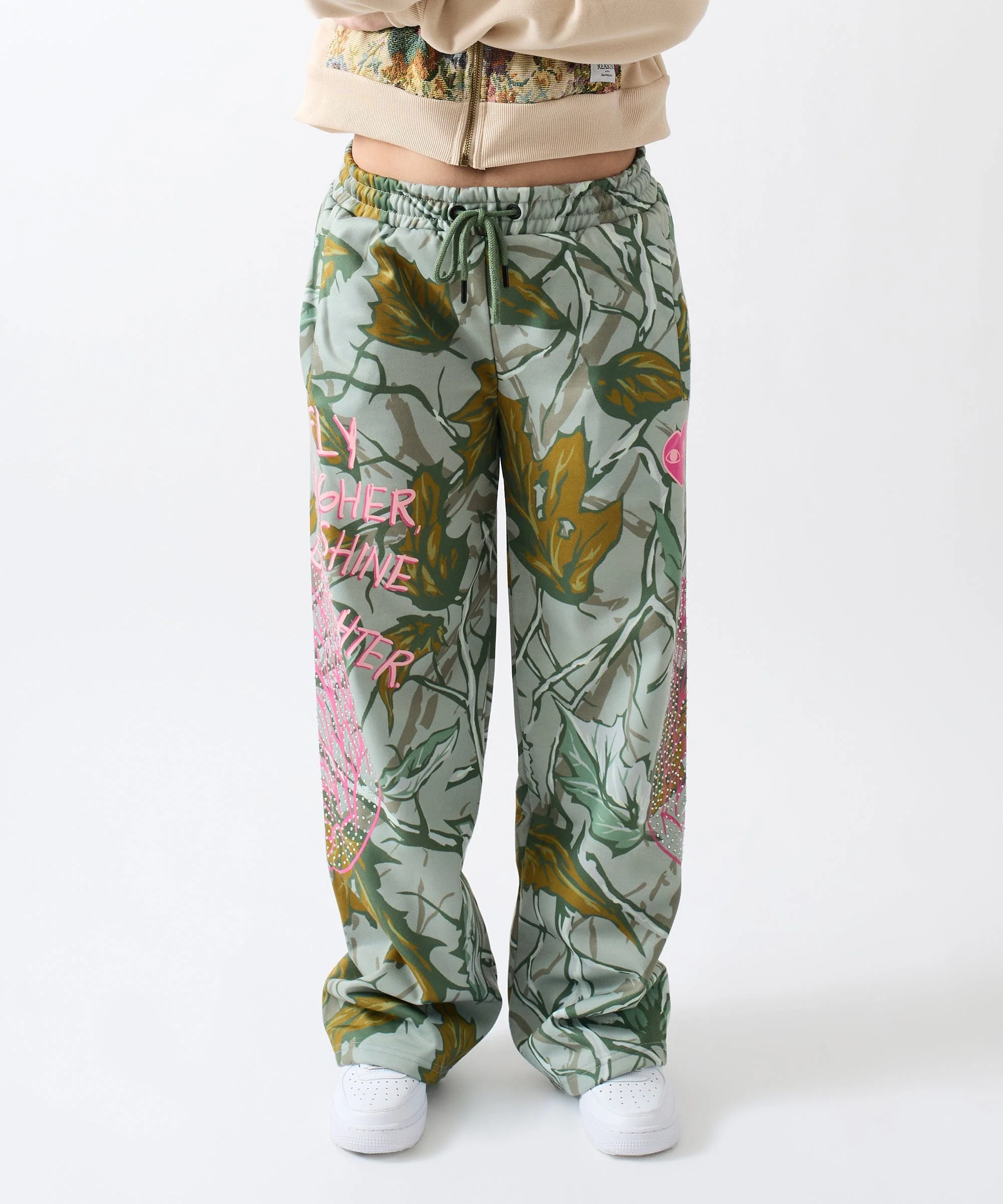 Women Fly High Rhinestone Fleece Pants - Olive Green - Image 2