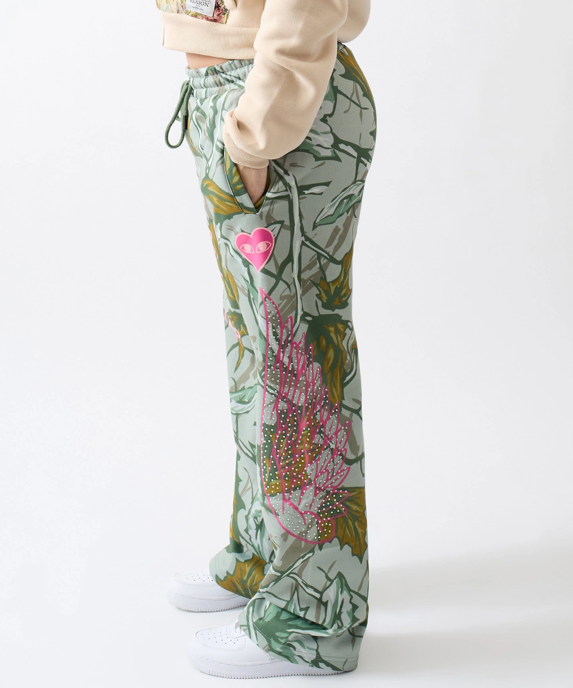 Women Fly High Rhinestone Fleece Pants - Olive Green - Image 4