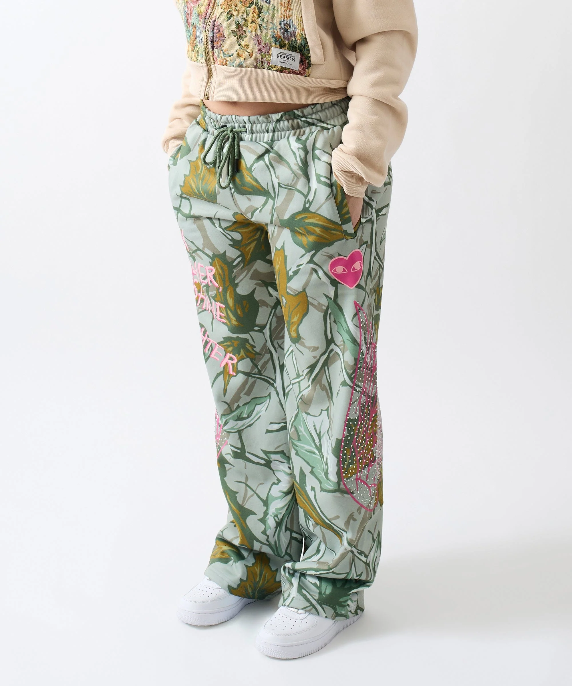 Women Fly High Rhinestone Fleece Pants - Olive Green - Image 5