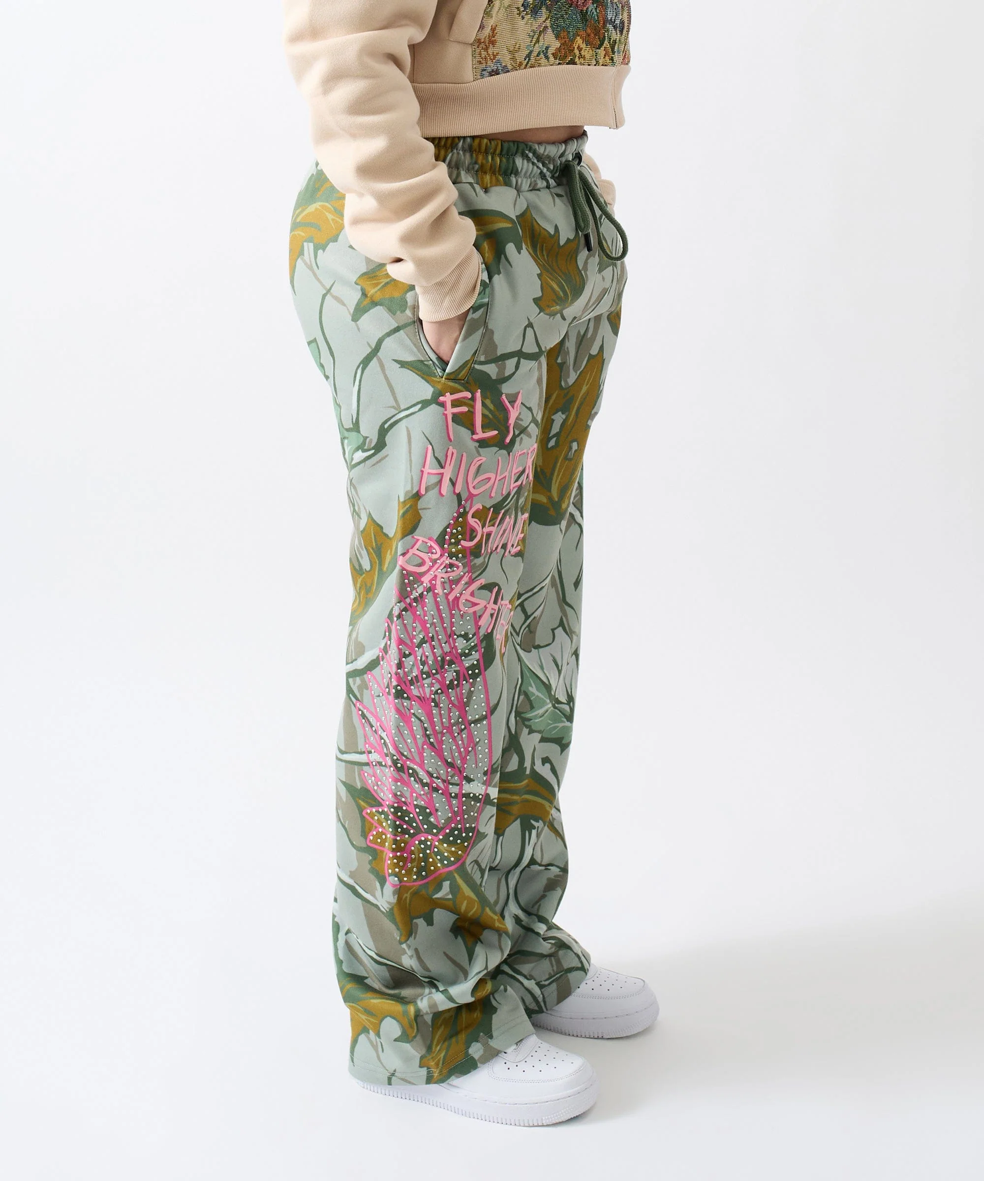 Women Fly High Rhinestone Fleece Pants - Olive Green - Image 6
