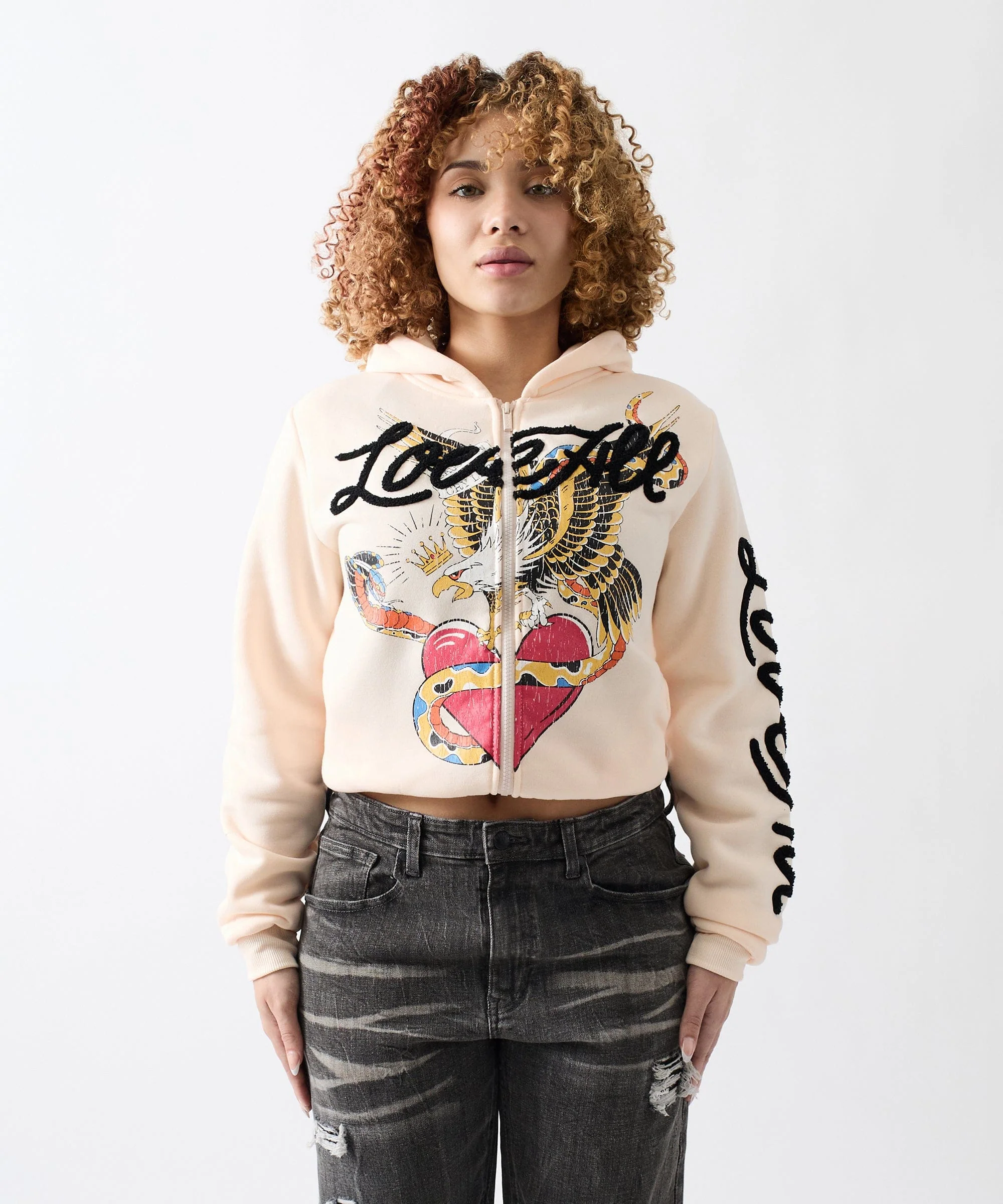 Women Love All Embroidered Cropped Hoodie - Pink - Image 2