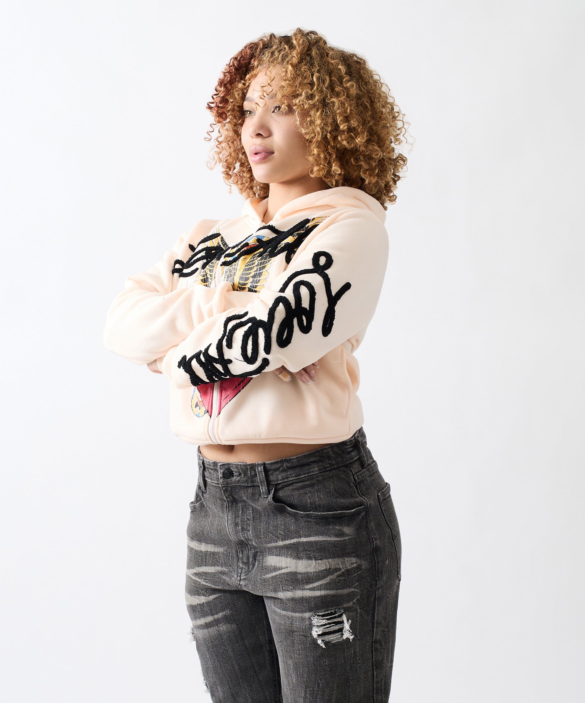 Women Love All Embroidered Cropped Hoodie - Pink - Image 4