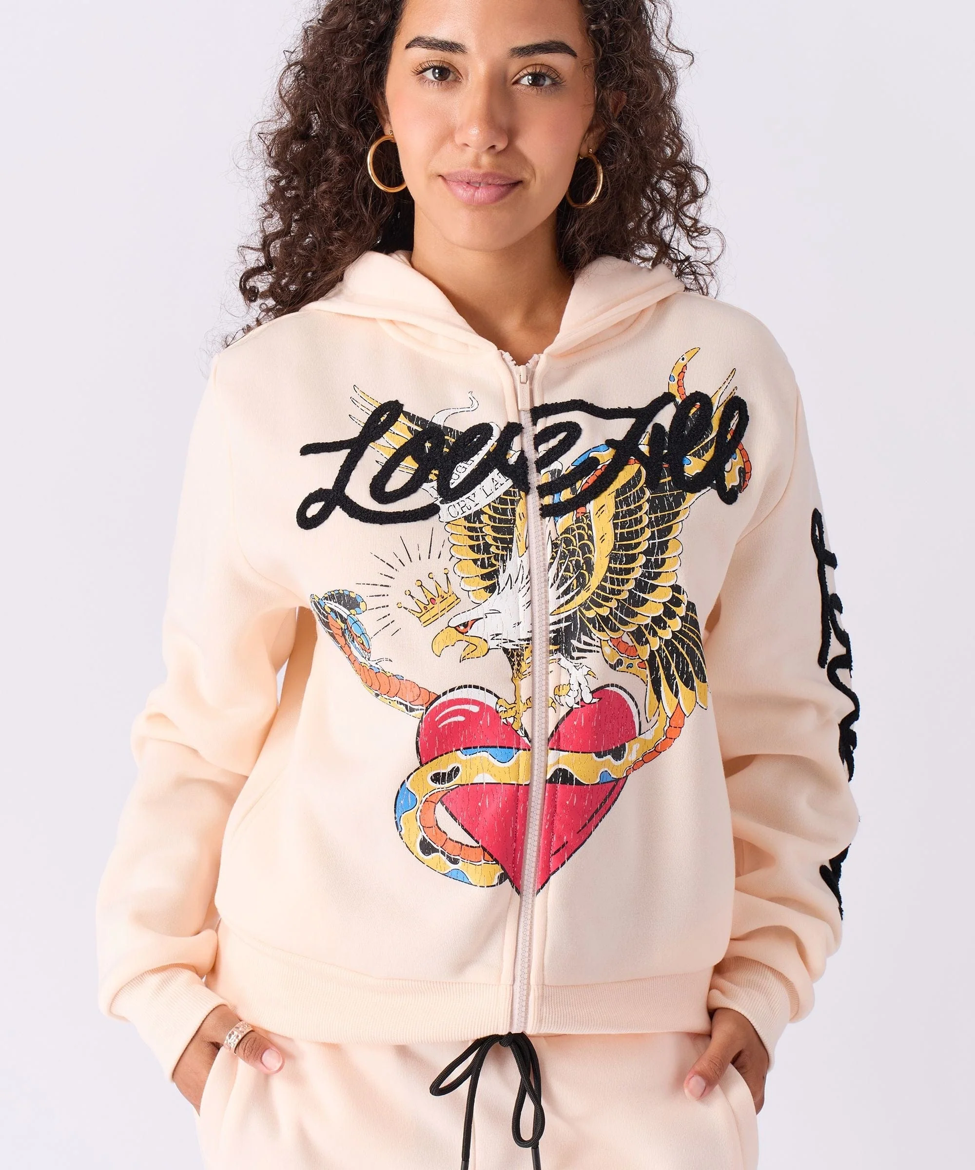 Women Love All Embroidered Cropped Hoodie - Pink - Image 6