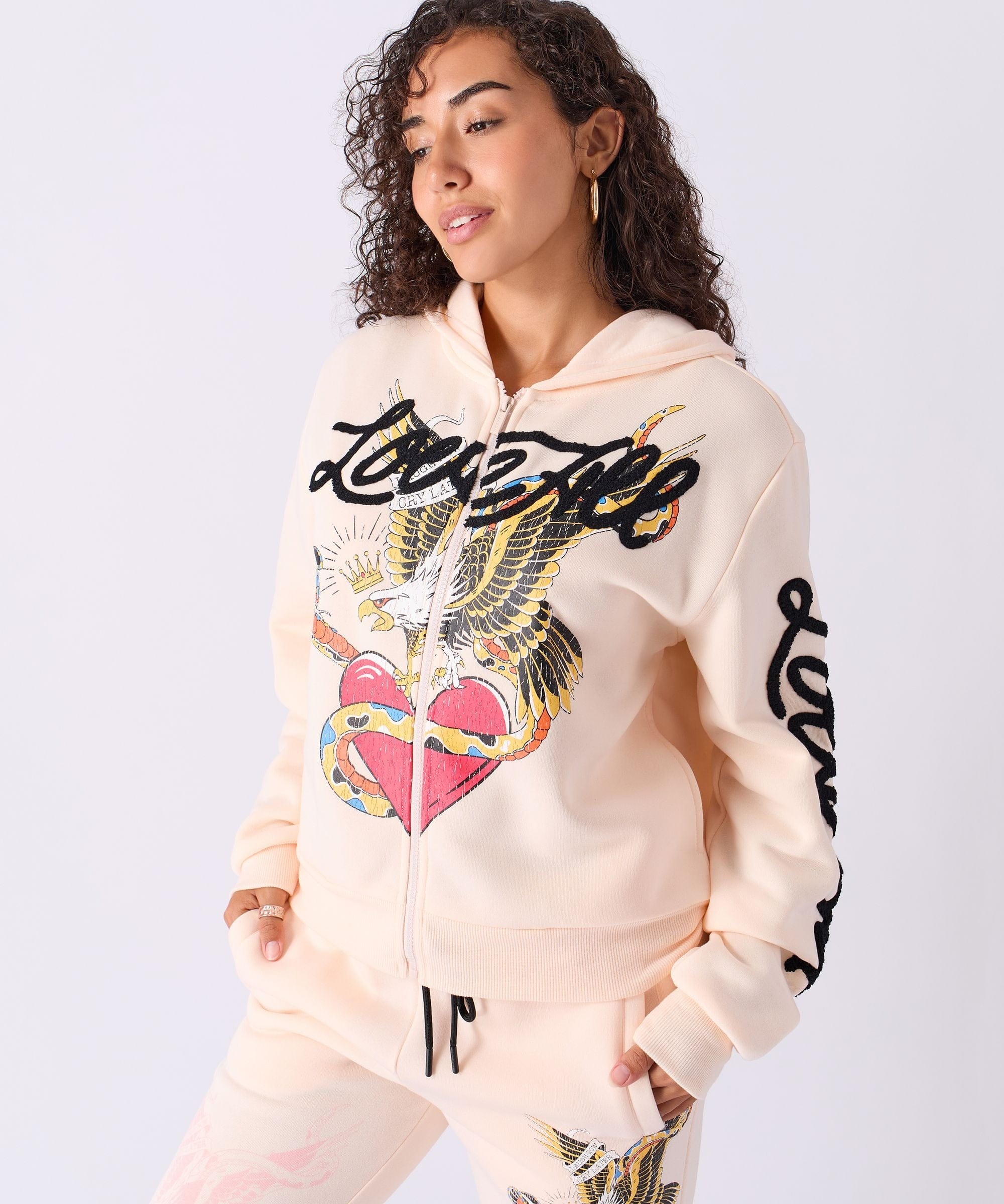 Women Love All Embroidered Cropped Hoodie - Pink - Image 8