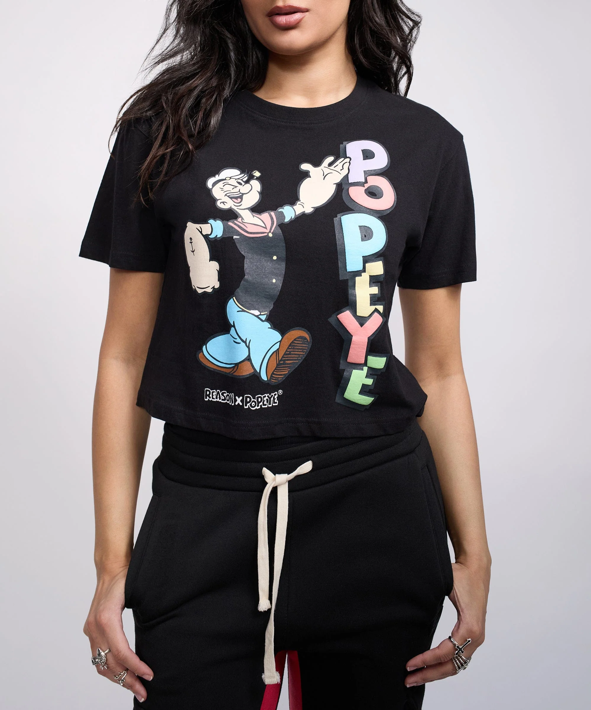 Womens Popeye Short Sleeve Cropped Tee - Black - Image 4